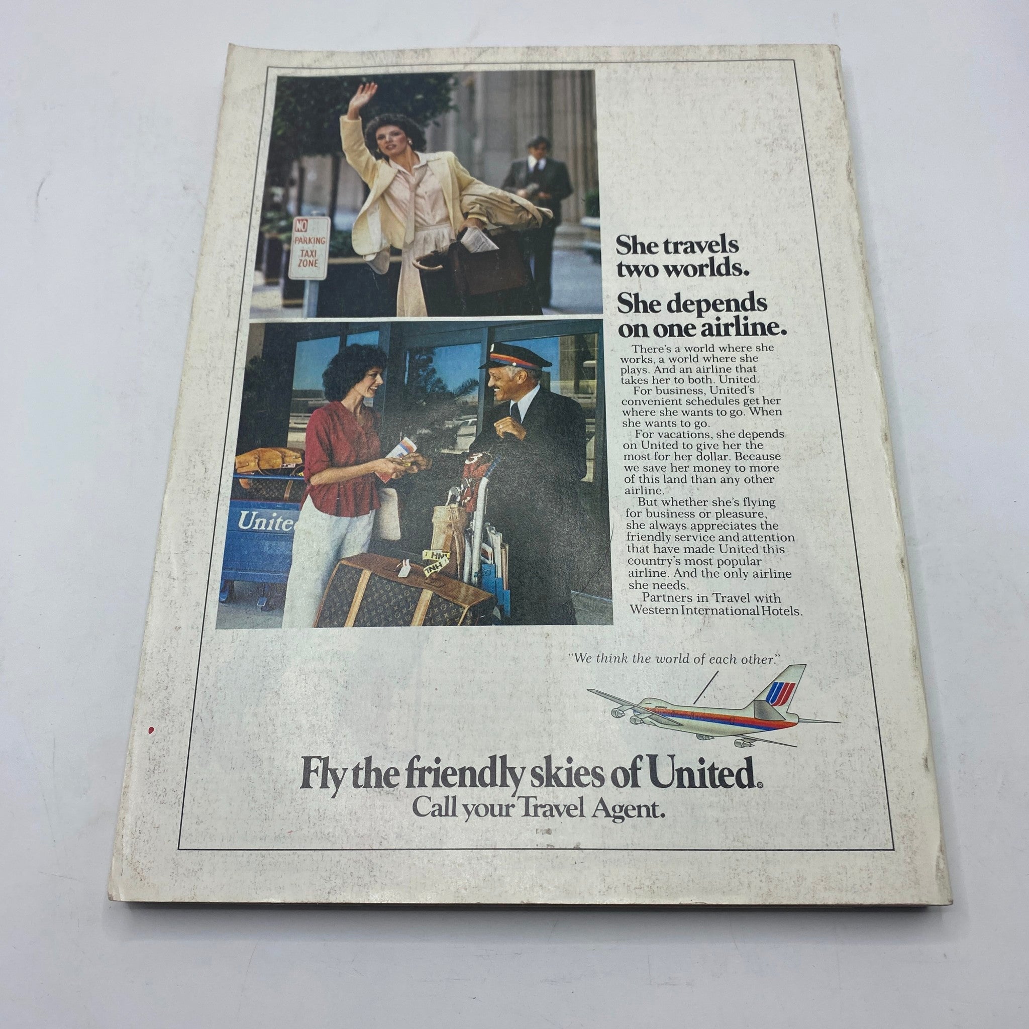 United Airlines advertisement from VTG Vogue Magazine March 1981, depicting a woman in a professional setting with a flight attendant, promoting travel convenience.