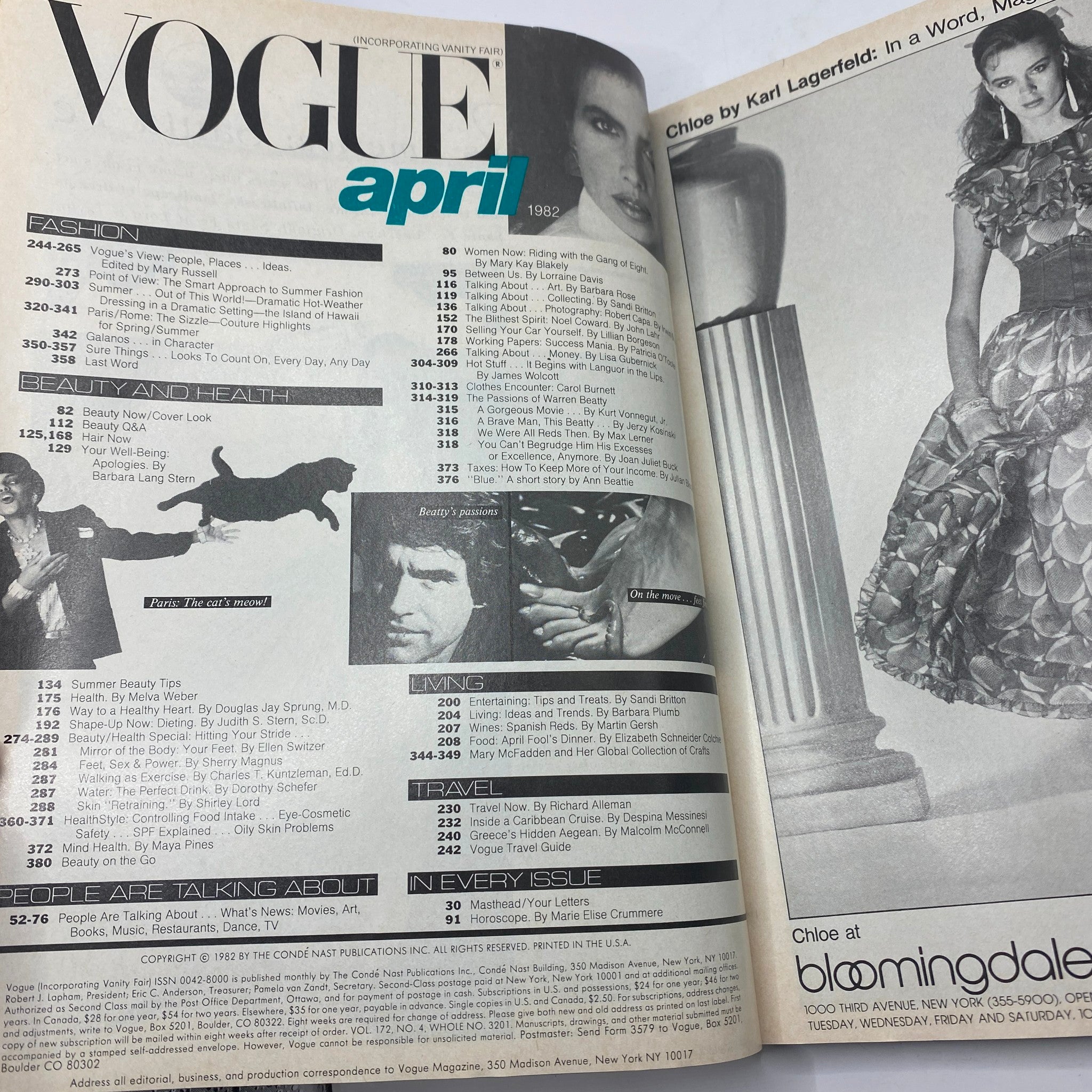 Interior page of VTG Vogue Magazine April 1982 displaying the table of contents, highlighting various fashion, beauty, and cultural articles.