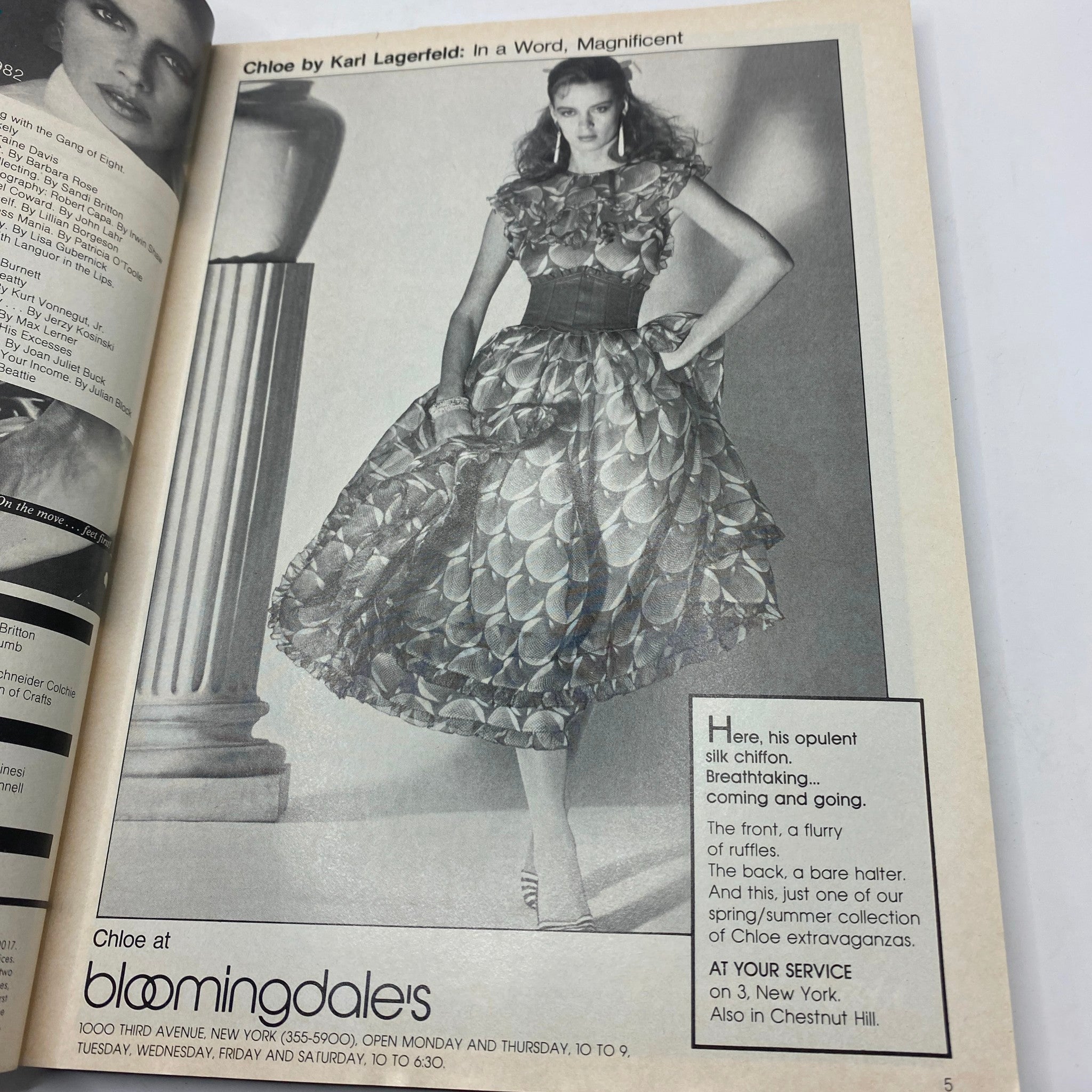 An editorial page from VTG Vogue Magazine April 1982 featuring a model in a stunning Chloe dress, emphasizing high fashion and designer trends.