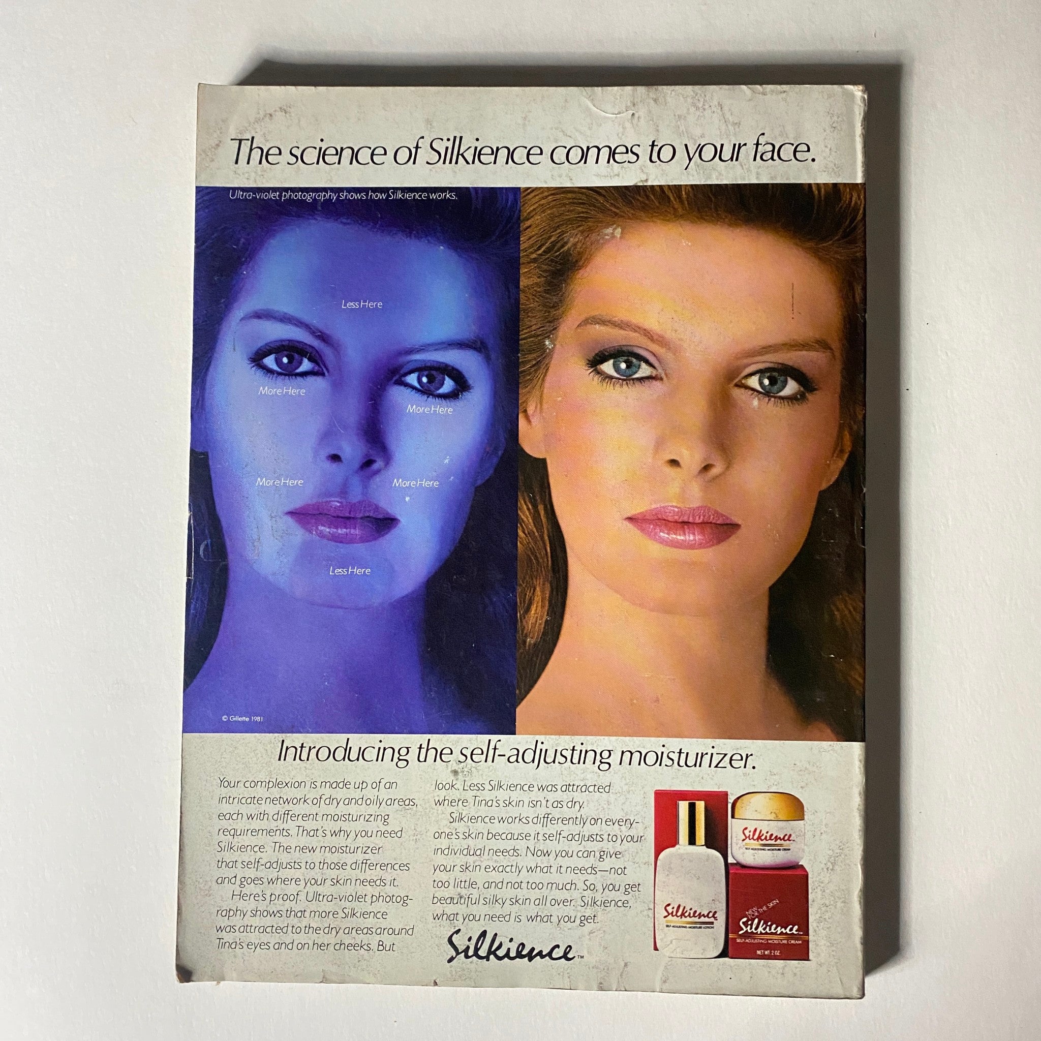 VTG Vogue Magazine April 1982 advertisement featuring Silkienc moisturizer, showcasing before and after effects on model's skin with detailed captions.