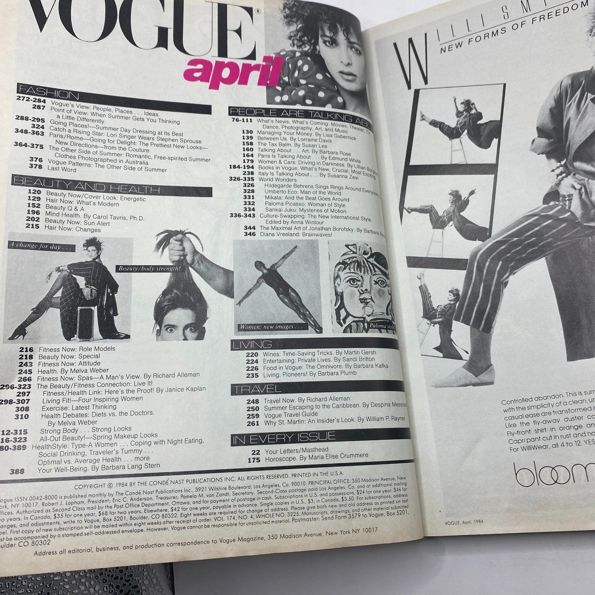 Inside page of VTG Vogue Magazine April 1984 displaying contents and fashion editorials, highlighting notable fashion styles and features of the era.