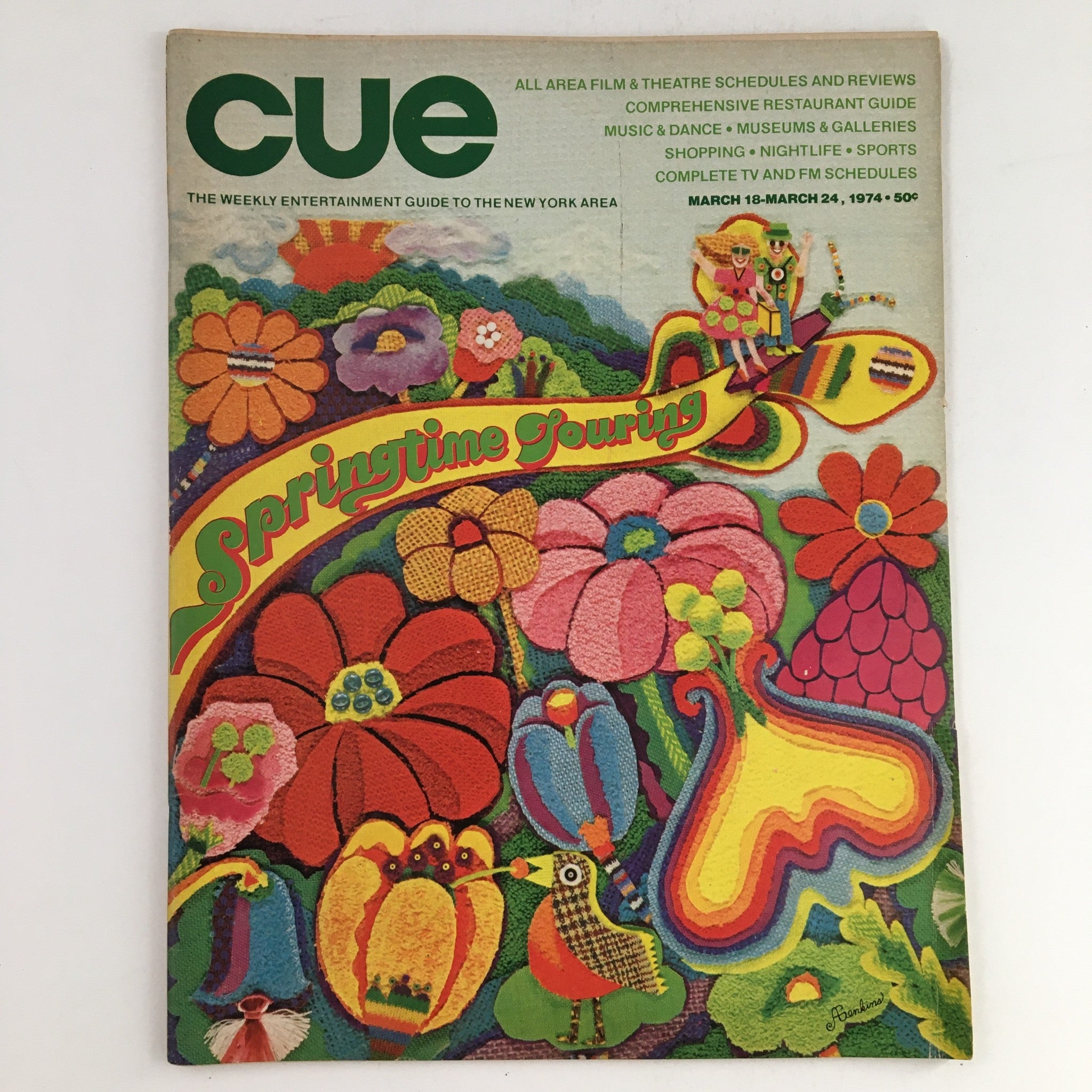 Cover of Cue Magazine March 18 1974 featuring vibrant floral designs and the headline 'Springtime Touring', showcasing the artistic culture of the 1970s.