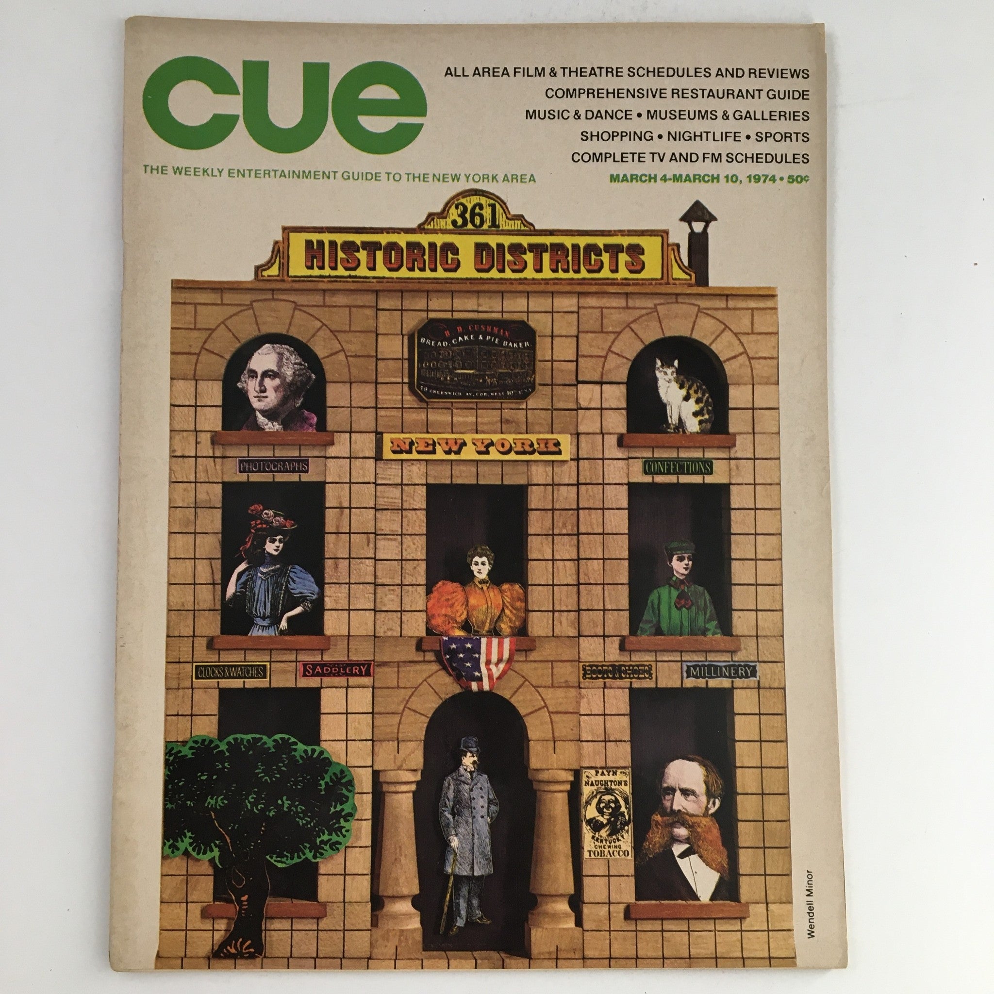 Cover of Cue Magazine, March 4, 1974, featuring 'The 361 Historic Districts' and 'Kane on Travel,' no label