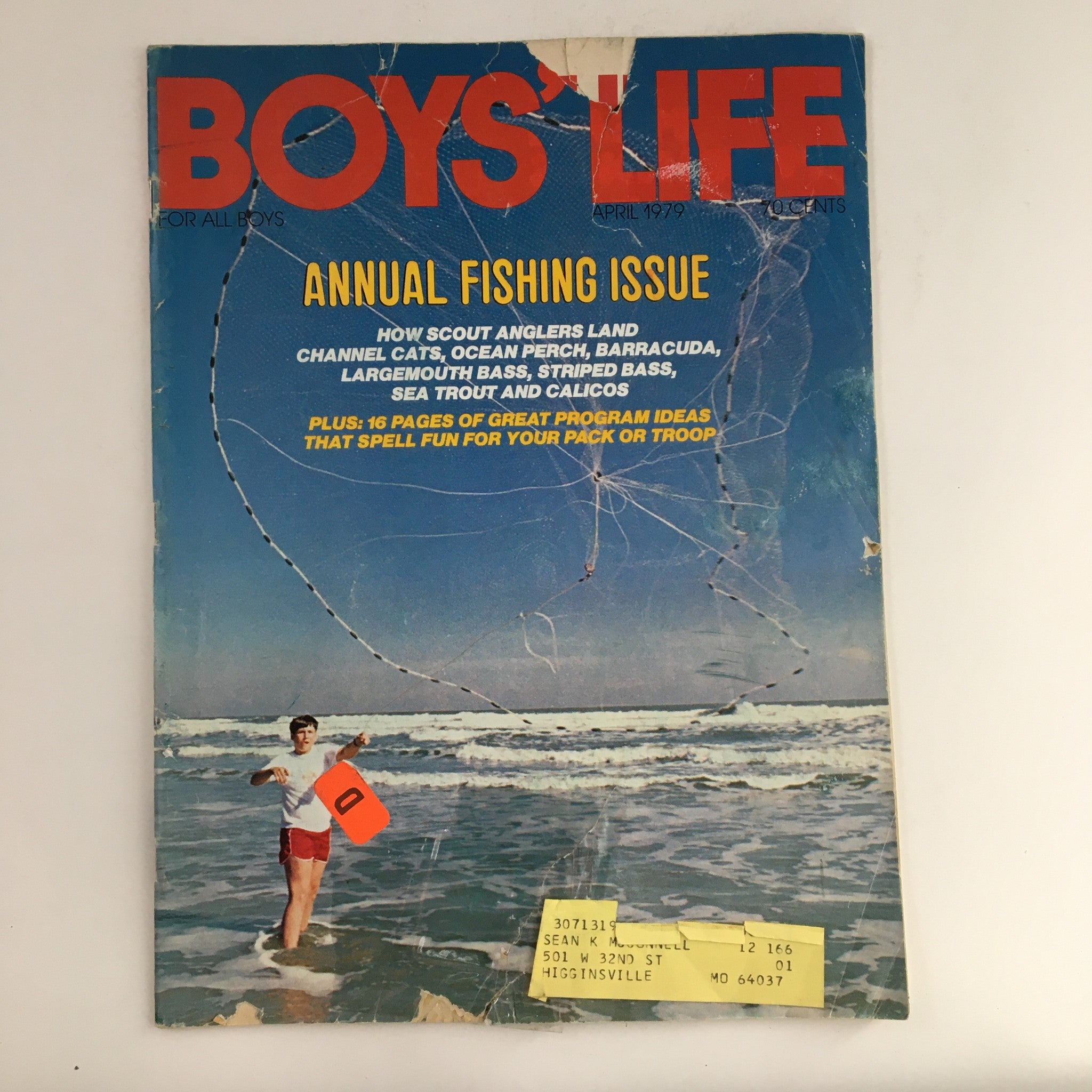 Cover of Boys' Life Magazine, April 1979 edition, showcasing the Annual Fishing Issue with a focus on how Scout anglers land channel cats and ocean perch, featuring a young boy at the beach with fishing-related content.