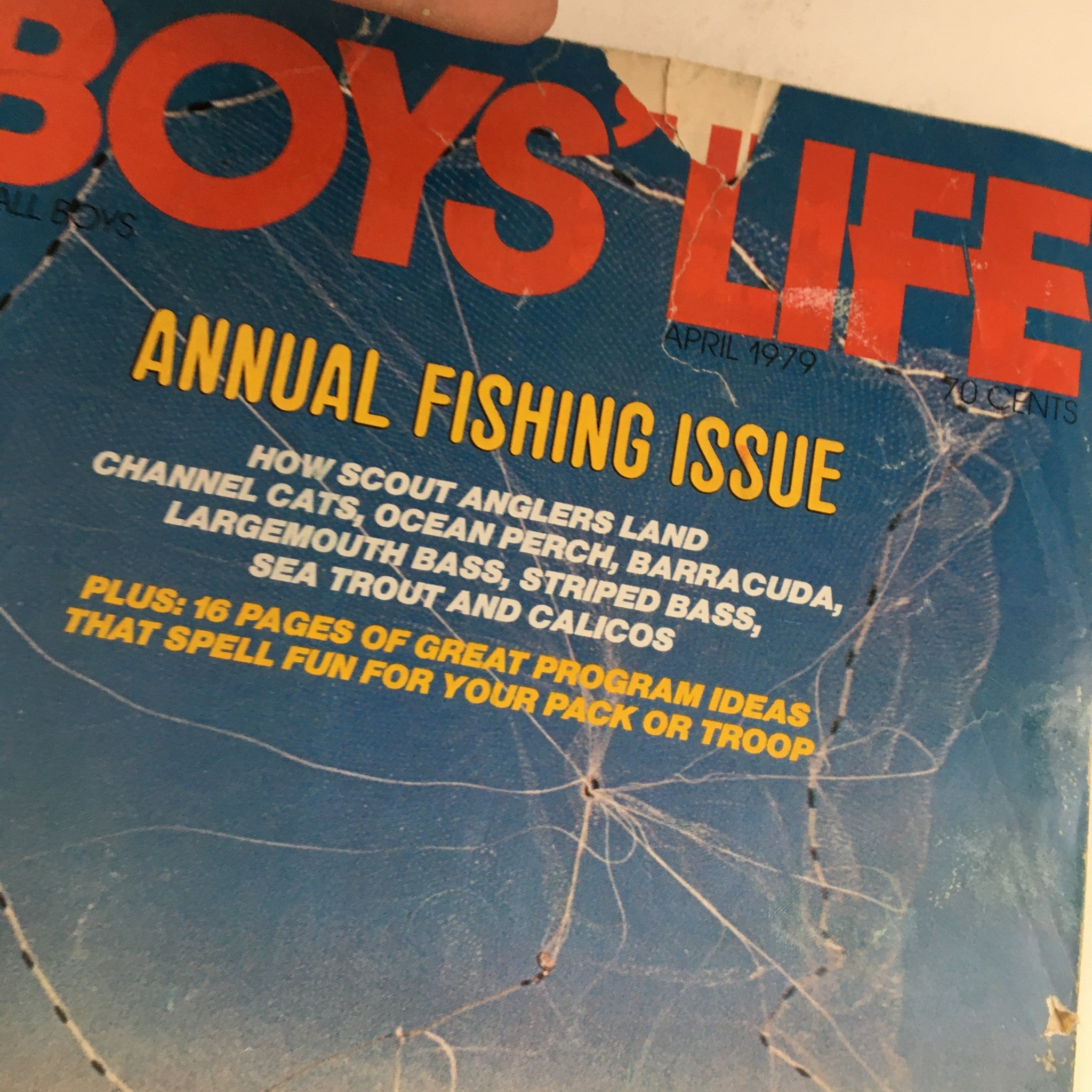 Boys' Life Magazine April 1979 cover showcasing the Annual Fishing Issue, featuring articles on how Scout anglers land channel cats and ocean perch, with visible wear and an address label.