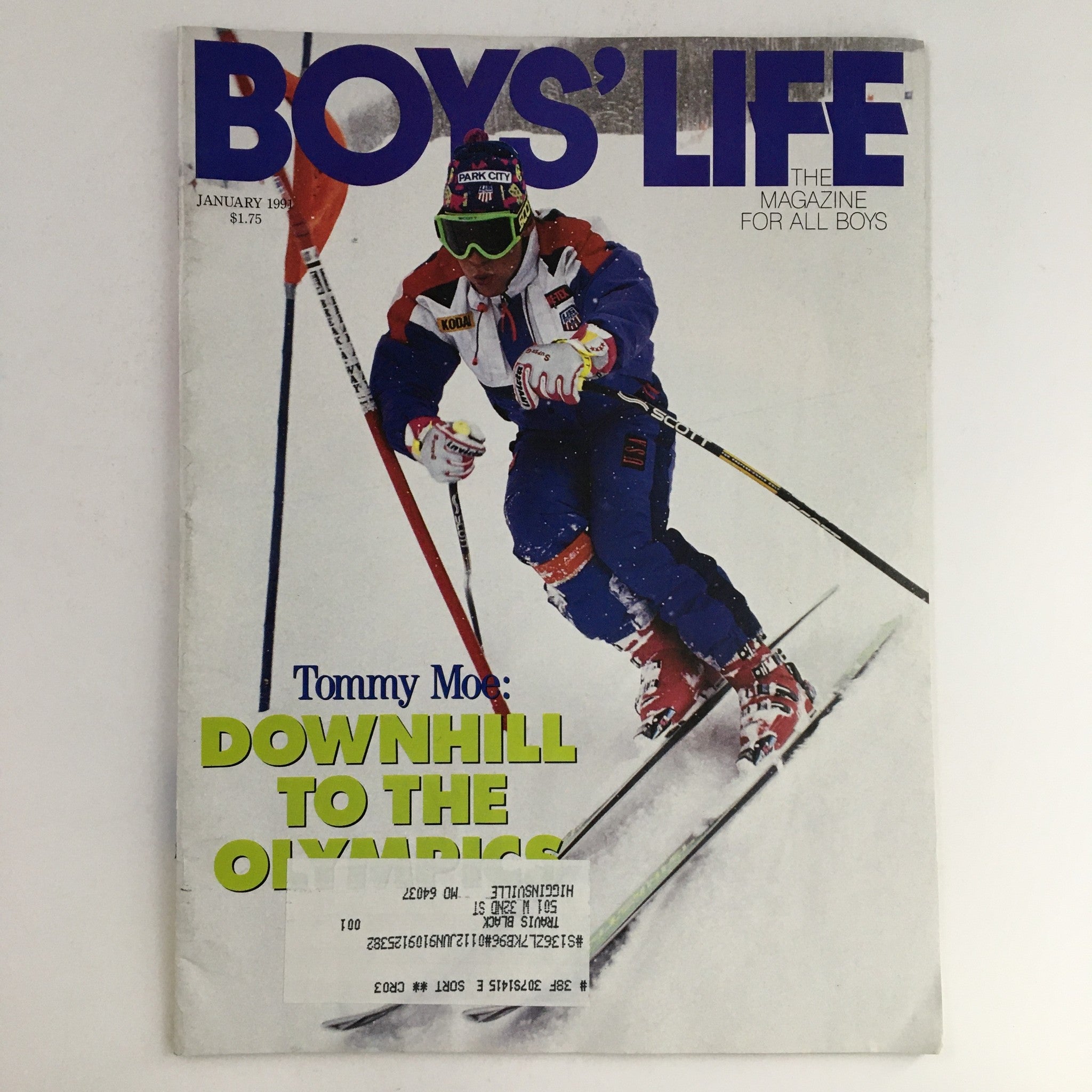Boys' Life Magazine January 1991 featuring Tommy Moe skiing with the headline 'Downhill to the Olympics' on the cover, showcasing the excitement of downhill skiing.