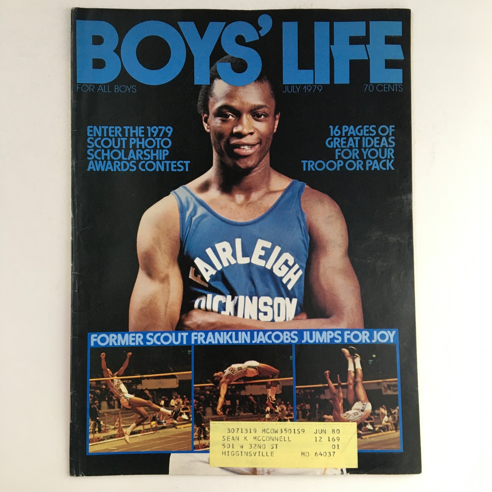 Boys' Life Magazine July 1979 cover featuring former Scout Franklin Jacobs jumping for joy, showcasing nostalgic childhood adventures and outdoor activities.