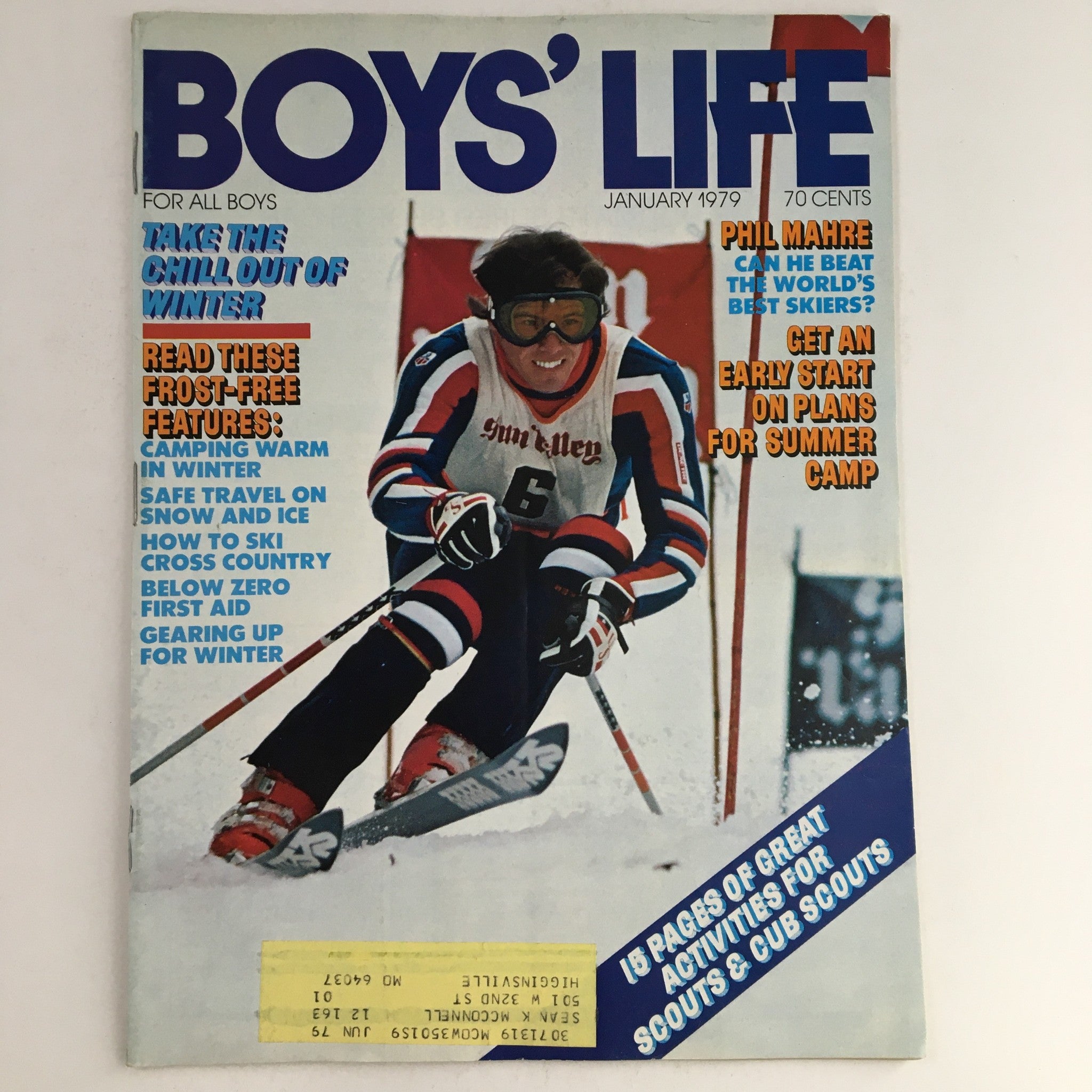 Boys' Life Magazine January 1979 cover featuring Phil Mahre, alpine skier, with the headline 'Can He Beat The World's Best Skiers?' showcasing a skiing action shot and colorful text highlighting outdoor activities and features.