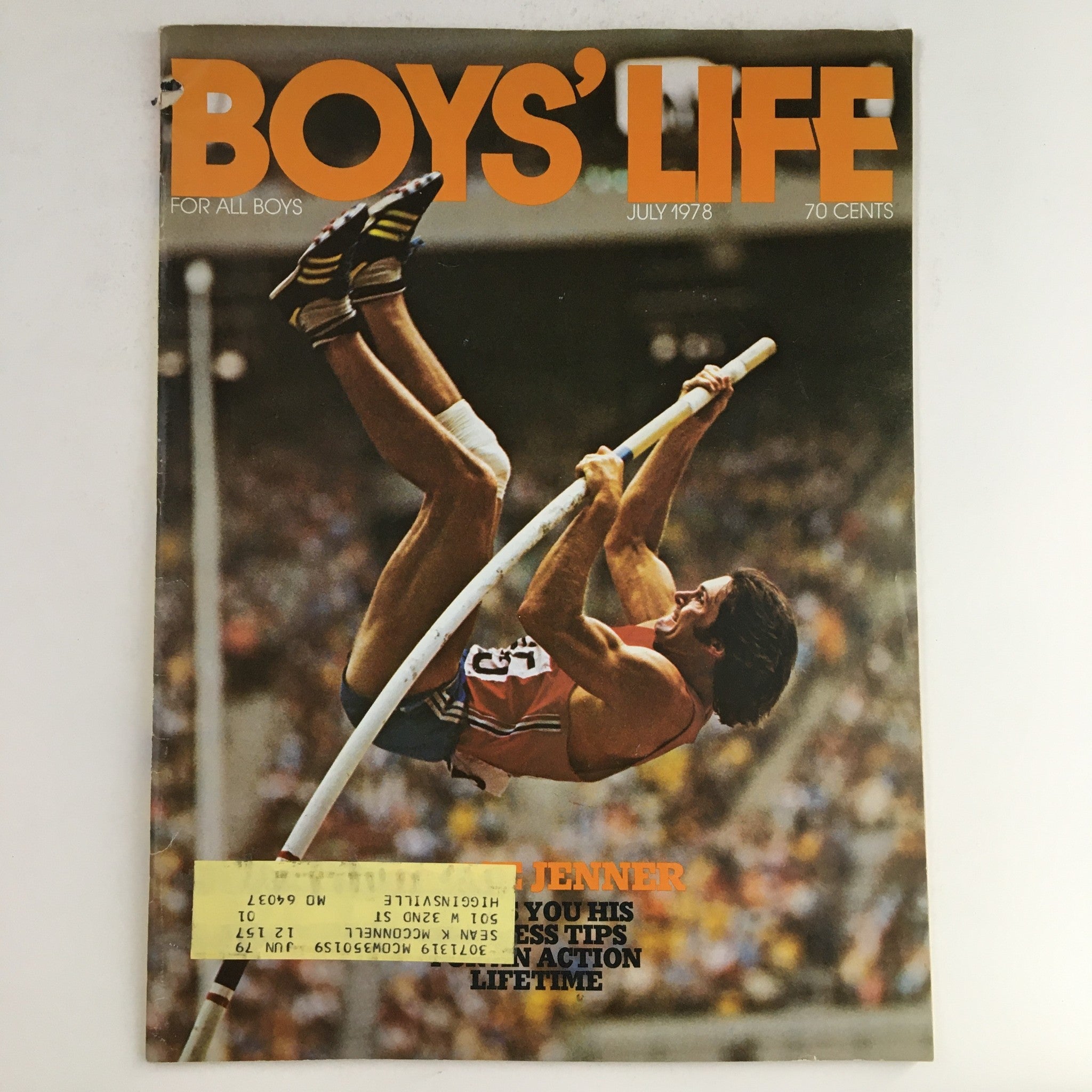 Cover of Boys' Life Magazine July 1978 featuring Bruce Jenner, showcasing his fitness tips along with a dynamic image of him performing a pole vault. The magazine emphasizes sports and active lifestyles for young boys.