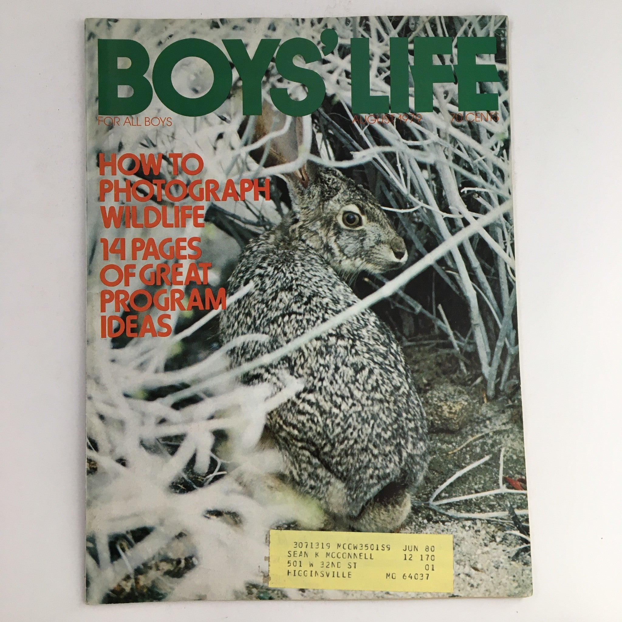 Boys' Life Magazine August 1979 cover featuring an article on how to photograph wildlife, with details on program ideas, showcasing a rabbit in a natural setting.