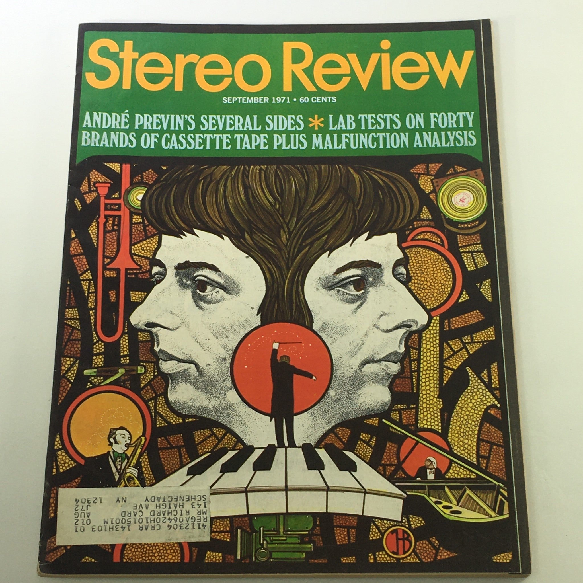 Cover of Vintage Stereo Review Magazine from September 1971 featuring Andre Previn with illustrations of musical instruments and artistic designs. This issue highlights 'Andre Previn's Several Sides' and includes lab tests on cassette tapes.