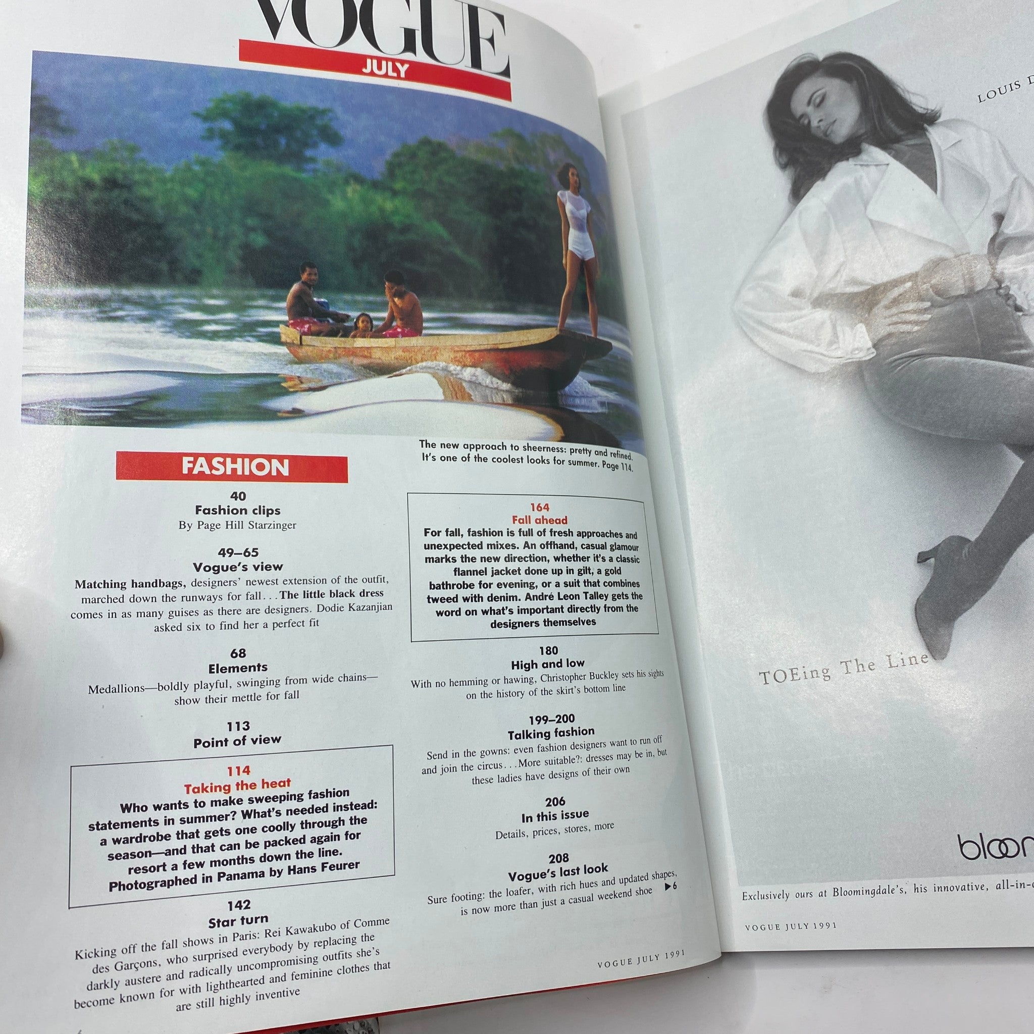 Inside page of Vogue Magazine July 1991 featuring fashion clips including a photo of a model in a swimsuit on a boat. Discover fashion history with this collectible issue showcasing iconic styles.