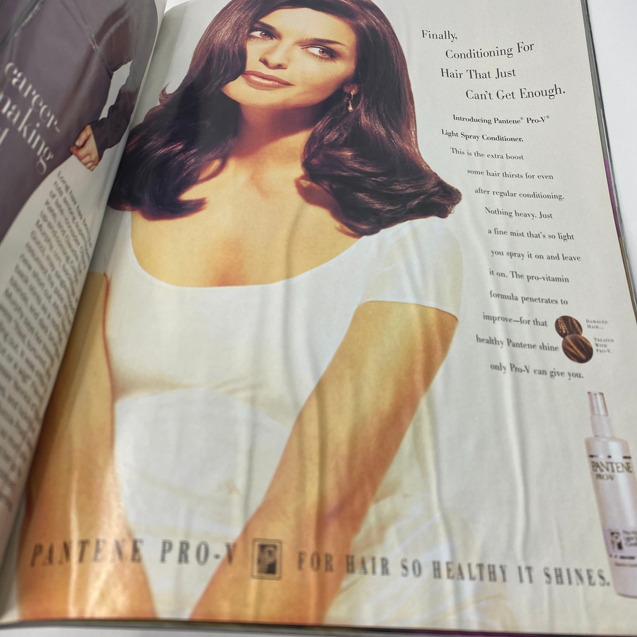Vogue Magazine January 1996 Amber Valletta by Steven Meisel GD Interior No Label - A beauty advertisement featuring a model promoting Pantene Pro-V for healthy, shiny hair, encapsulating 90s beauty trends.