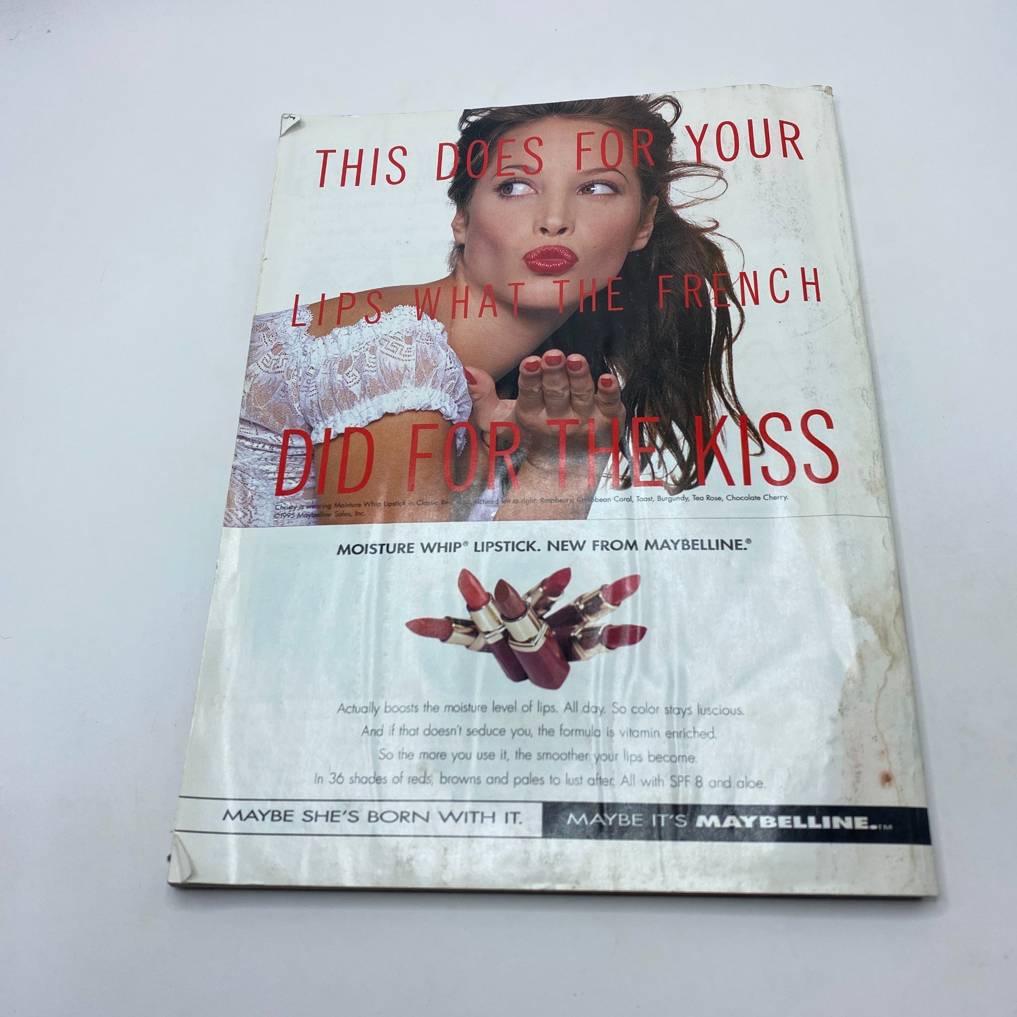 Vogue Magazine January 1996 Amber Valletta by Steven Meisel GD Interior No Label - The back cover of a vintage magazine showcasing a Maybelline lipstick advertisement, demonstrating vintage cosmetic marketing.