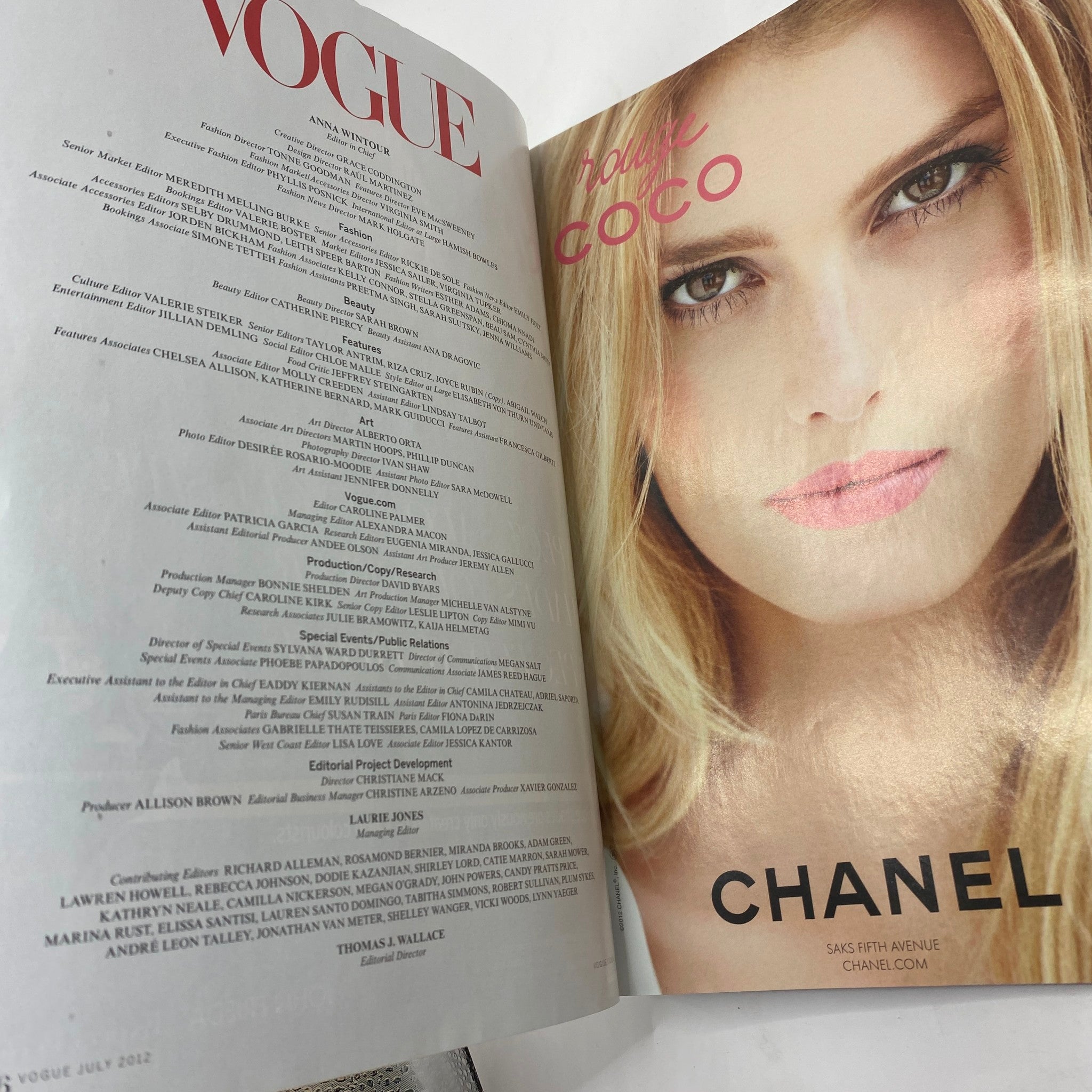 Inside page of Vogue Magazine July 2012 showcasing a Chanel advertisement with a close-up of a model's face and beauty features.