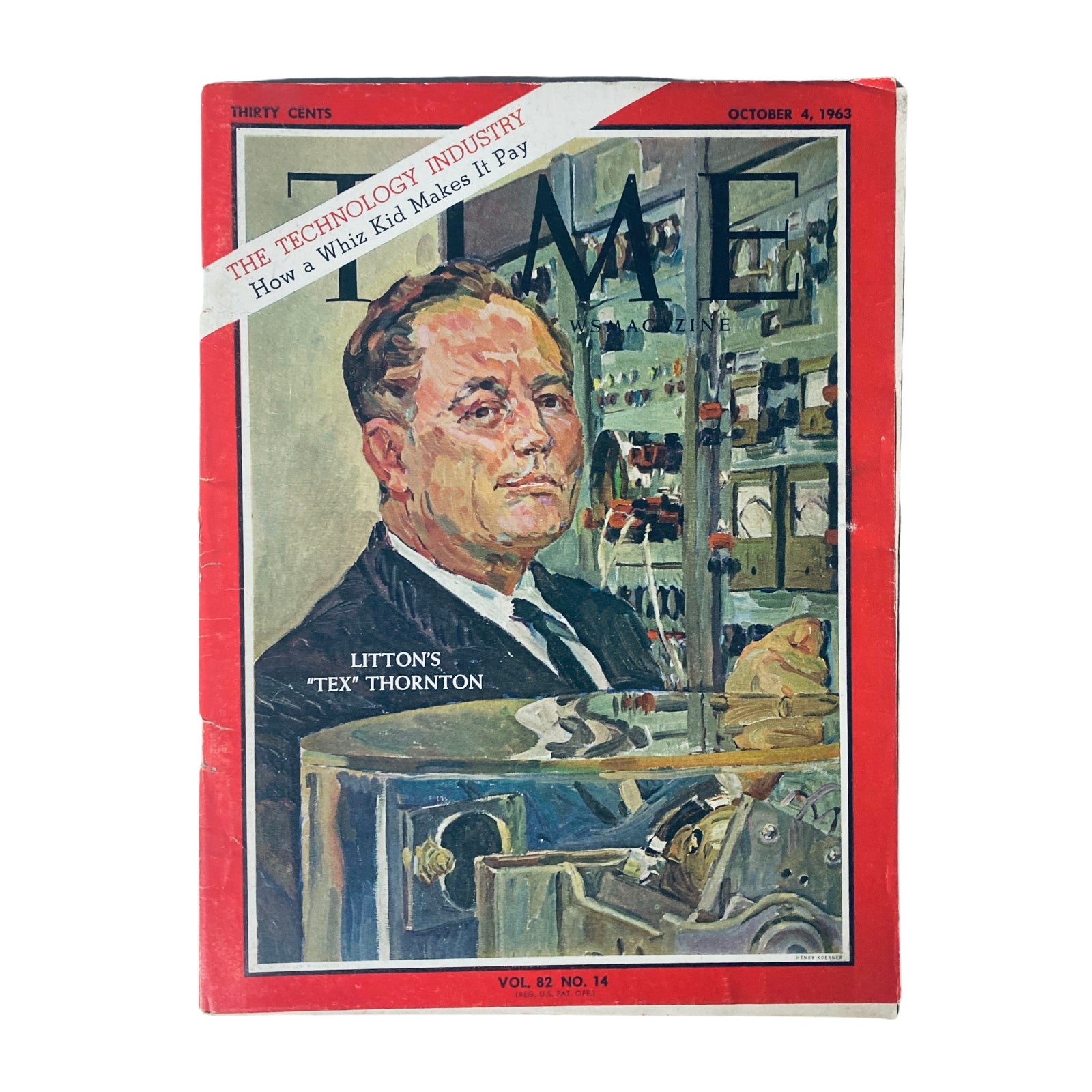 Cover of Time Magazine from October 4, 1963, Vol. 82 No. 14 featuring Tex Thornton, a prominent business executive, with headlines related to the technology industry.