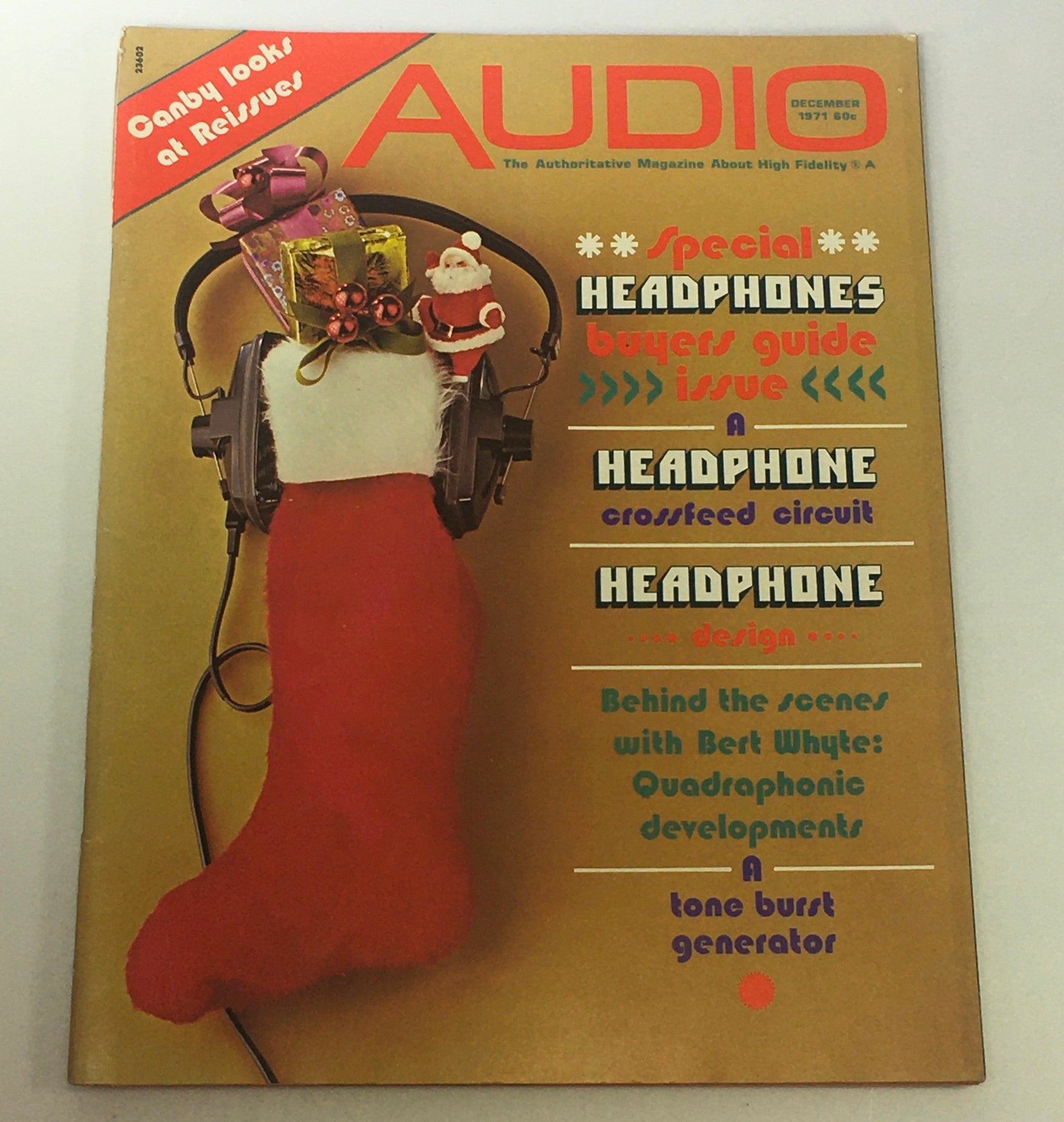 VTG Audio and Music Magazine December 1971 cover featuring a festive headphone design with a red Christmas stocking and presents. Highlights a Special Headphones Buyer's Guide.