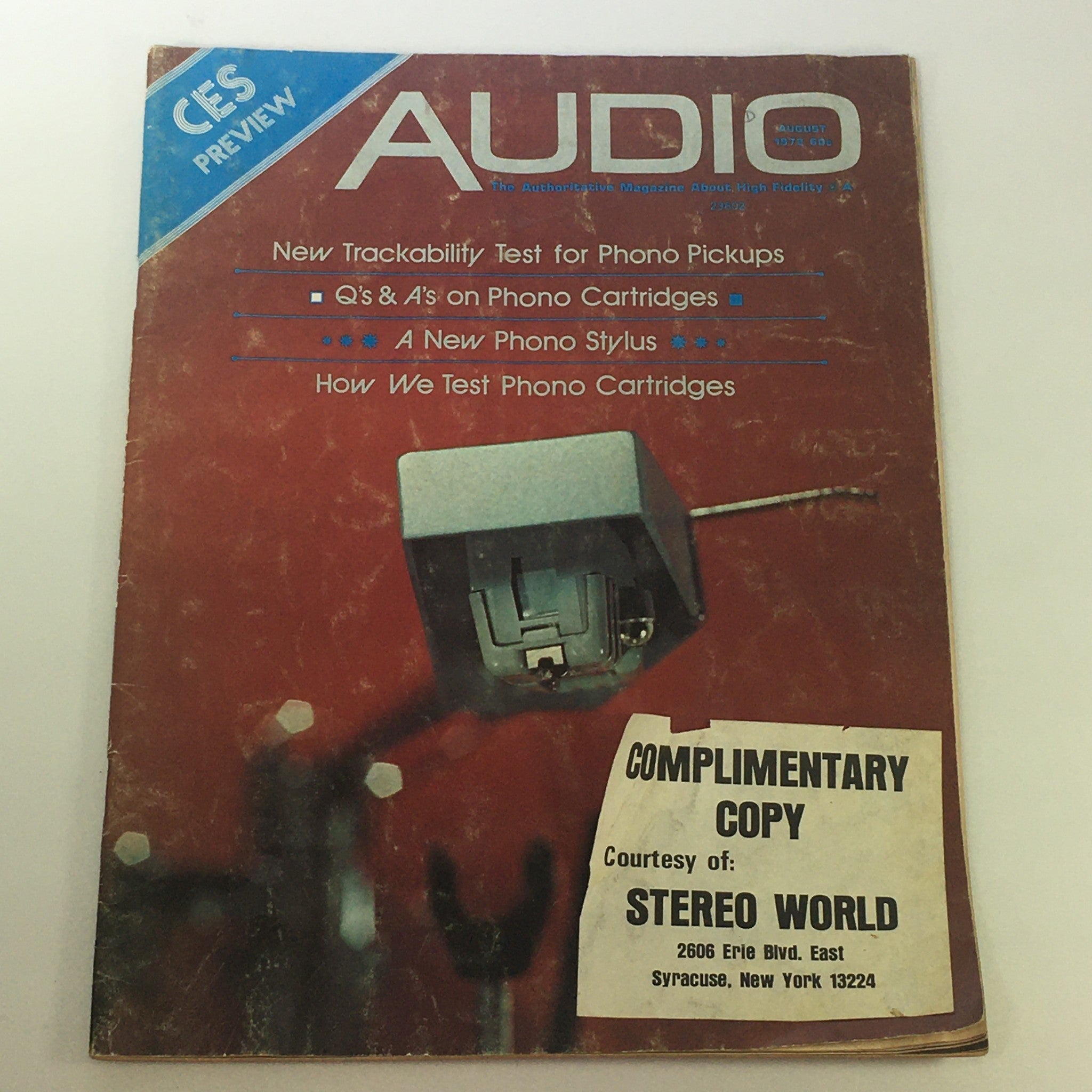VTG Audio and Music Magazine August 1972 cover featuring articles on phono stylus technology and audio equipment. This complimentary copy showcases a detailed image of an audio phono cartridge popular in the 1970s.