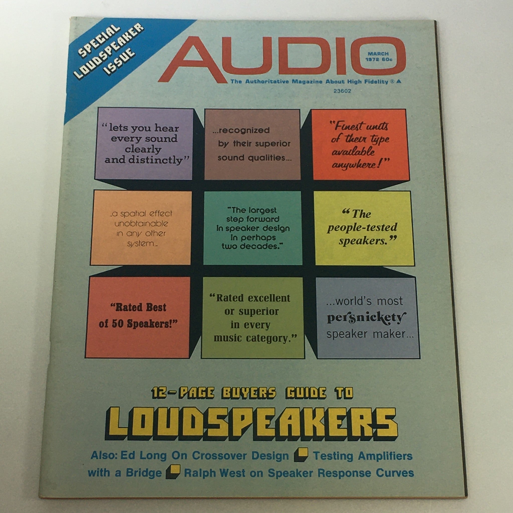 VTG Audio and Music Magazine March 1972 cover featuring a special loudspeaker issue with a 12-page buyers guide to loudspeakers, showcasing colorful boxes of quotes about sound quality, speaker design, and ratings for audio systems.