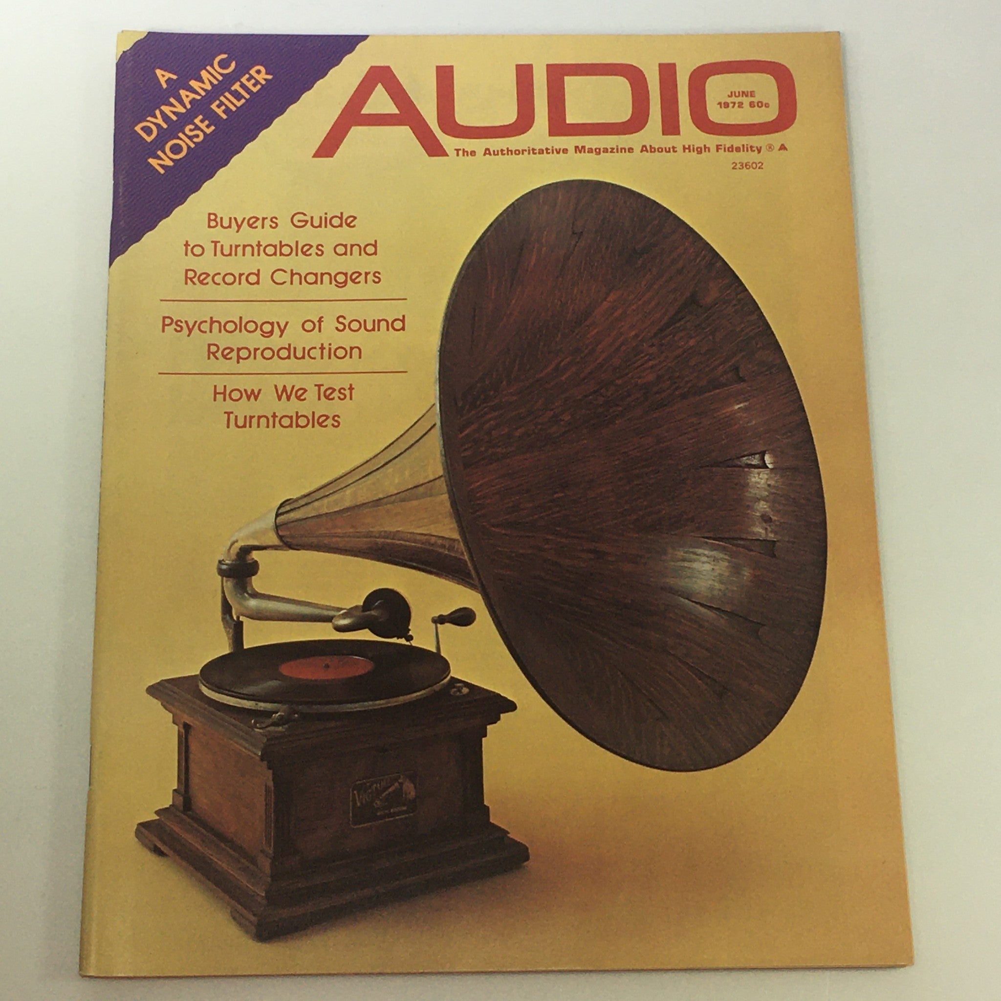 Vintage VTG Audio & Music Magazine from June 1972 featuring a Buyers Guide for Turntables & Record Changers, showcasing a classic gramophone and record player on the cover.