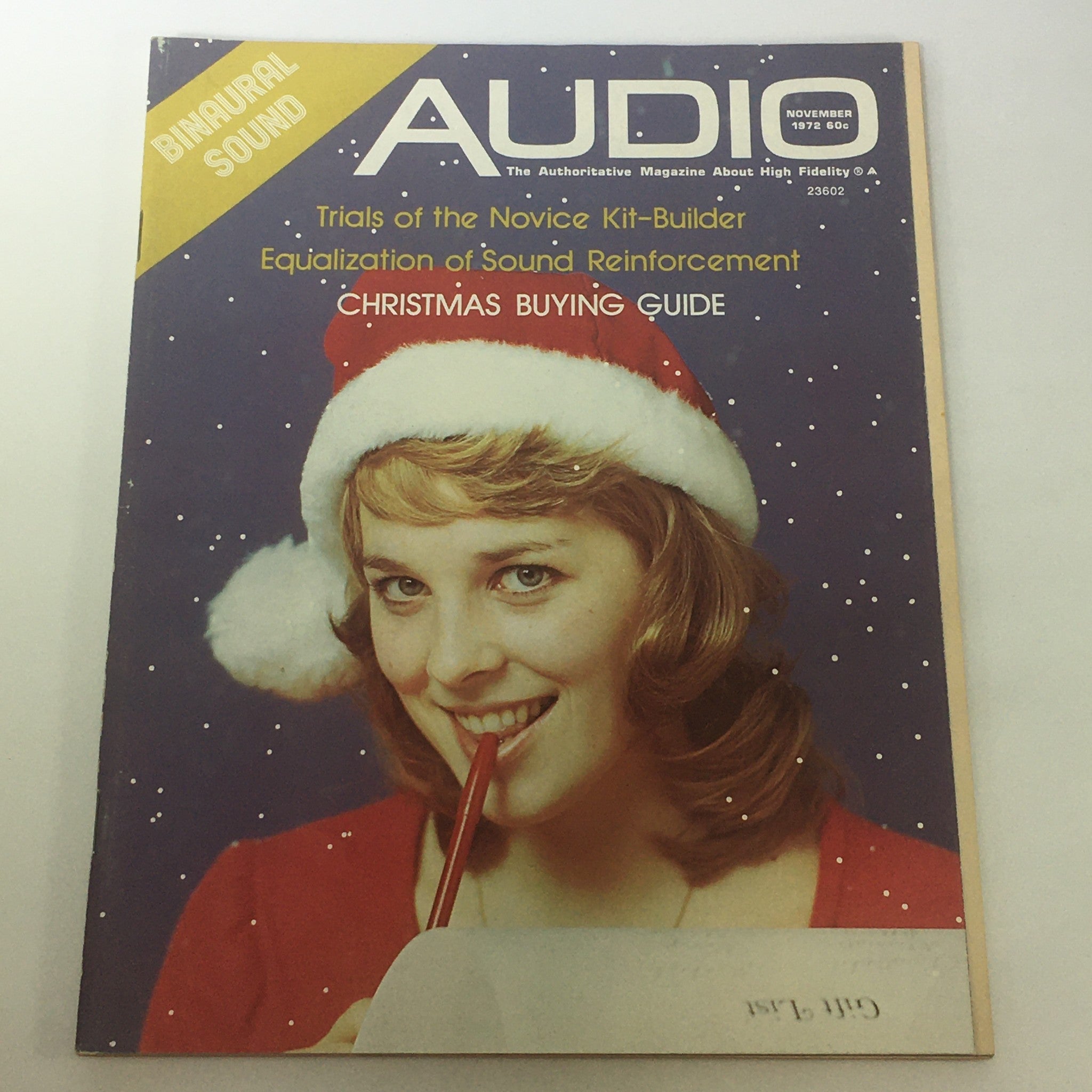 VTG Audio & Music Magazine November 1972 featuring a Christmas Buying Guide, showcasing a woman in a Santa hat with a festive background, emphasizing audio technology and kit-building.