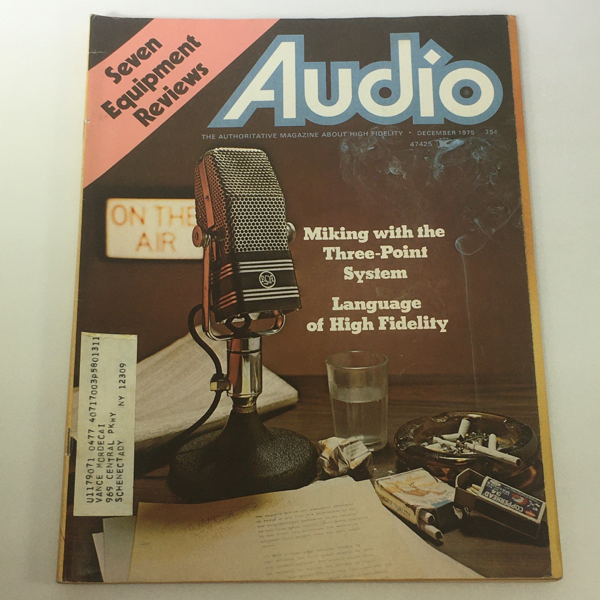 Vintage magazine cover of 'VTG Audio & Music Magazine December 1975 - Language Of High Fidelity' featuring a classic microphone, articles on audio equipment, and a nostalgic aesthetic reflecting the high-fidelity audio revolution.