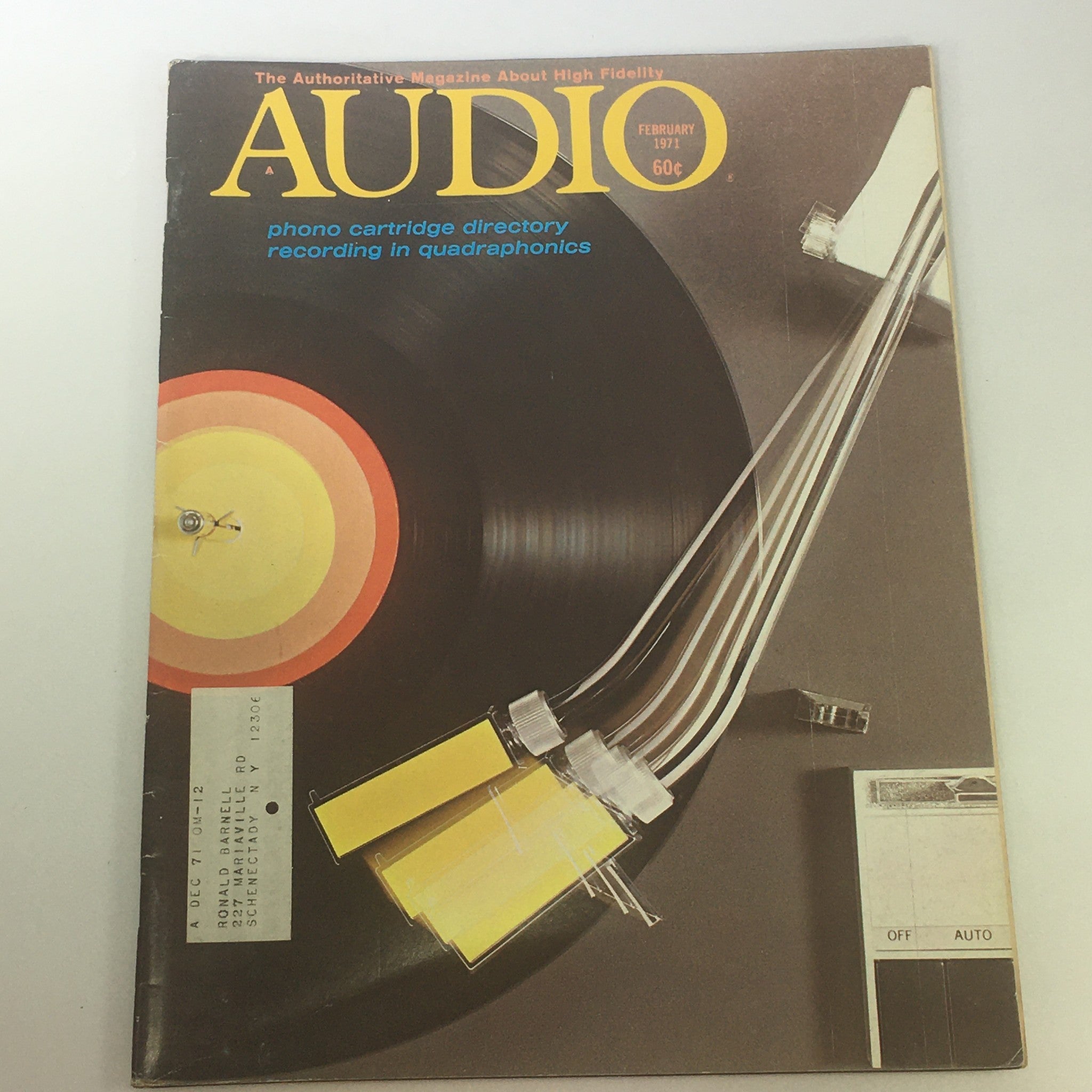 VTG Audio & Music Magazine February 1971 cover featuring a phono cartridge on a turntable, highlighting the Phono Cartridge Directory and recording in quadraphonics.