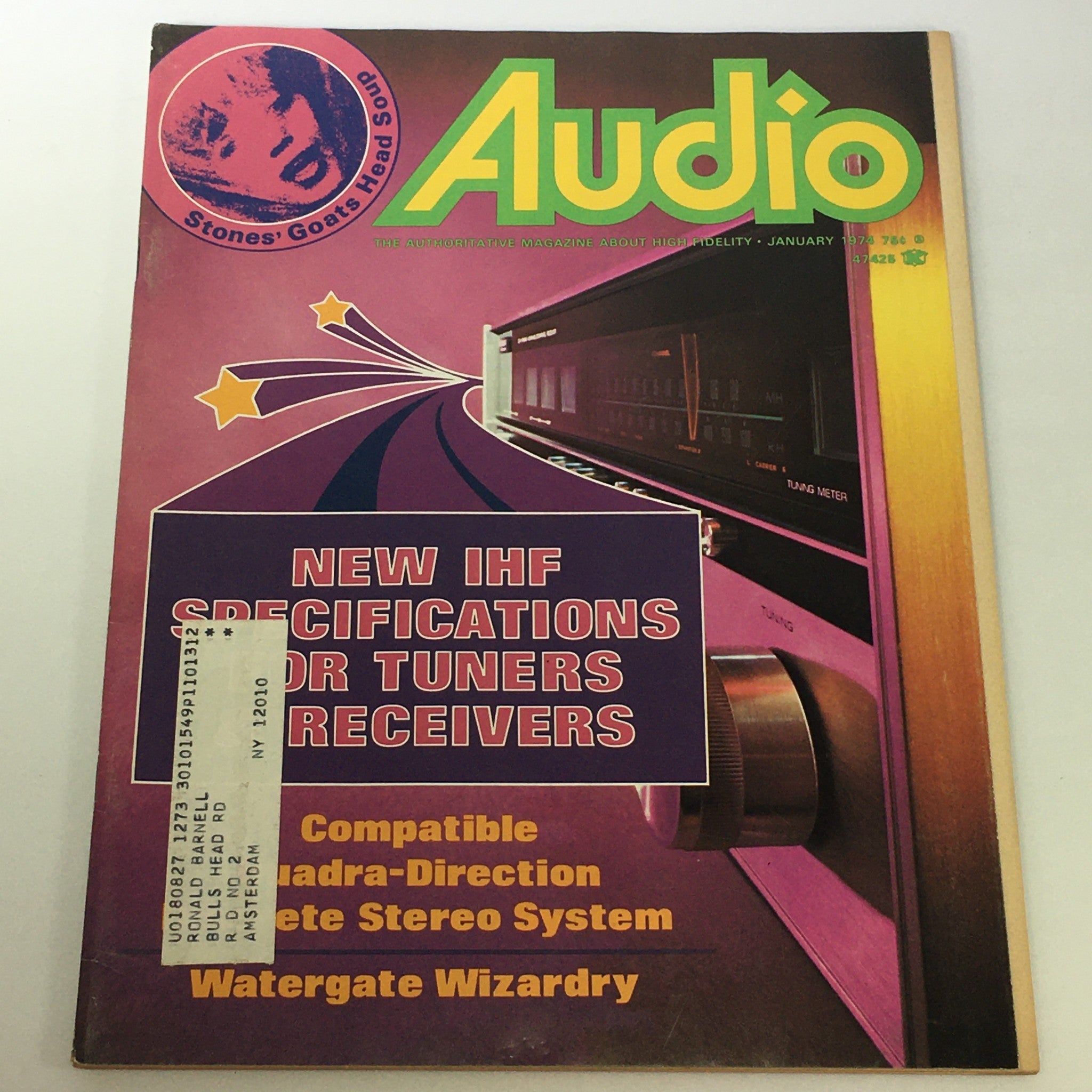 Cover of the Vintage Audio & Music Magazine January 1974 showcasing new IHF specifications for tuners and receivers with vibrant graphics and a vintage address label.