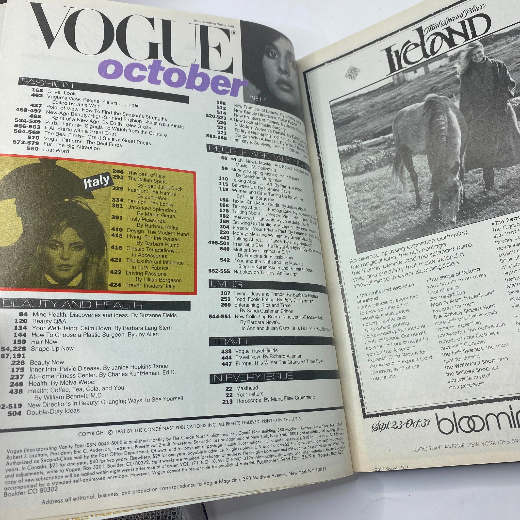 Interior page of October 1981 Vogue Magazine displaying table of contents, highlighting articles and features including Italy and fashion insights.