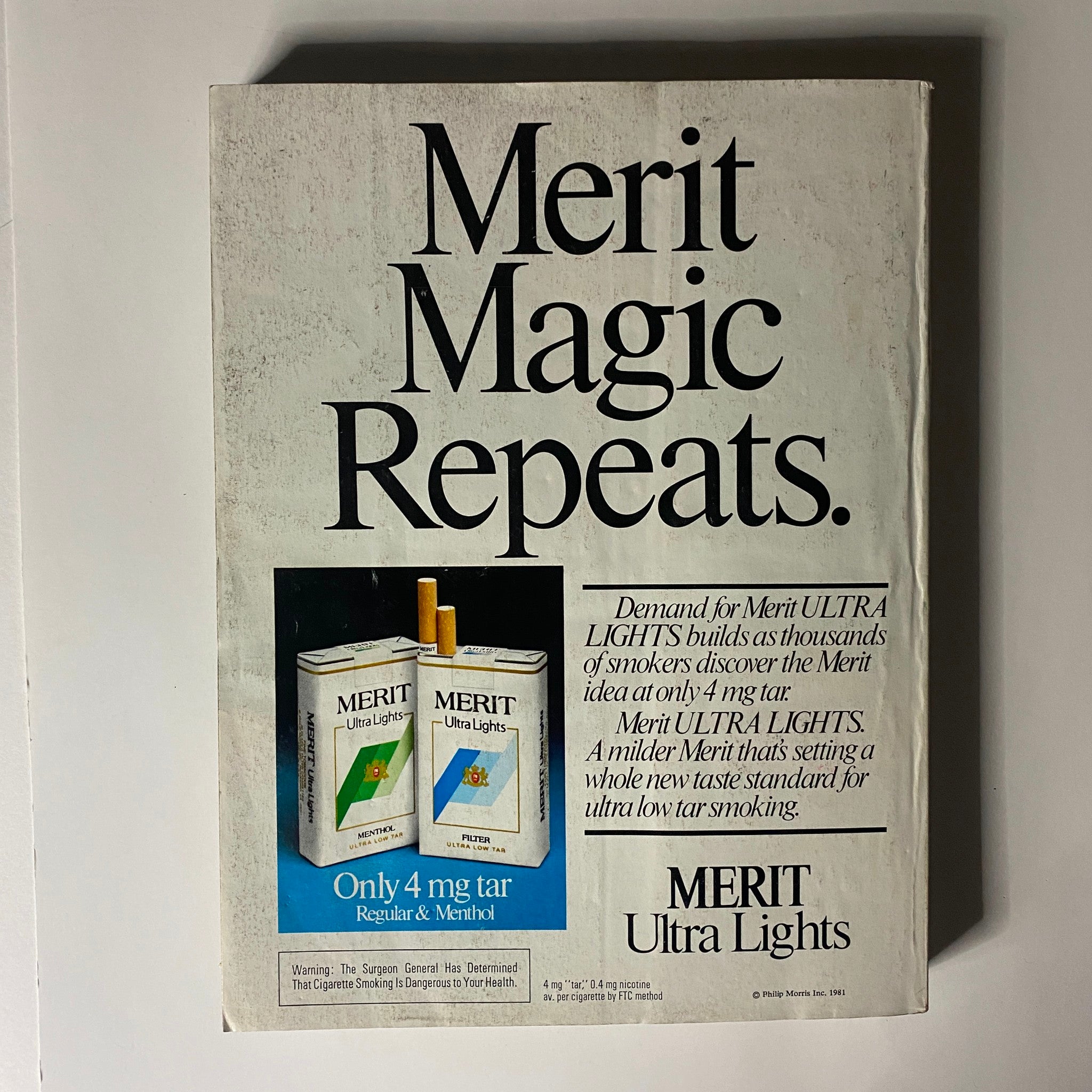 VTG Vogue Magazine October 1981 Nastassja Kinski by Richard Avedon showcasing a vintage advertisement for Merit Ultra Lights cigarettes emphasizing low tar content, a cultural relic from the early 80s.