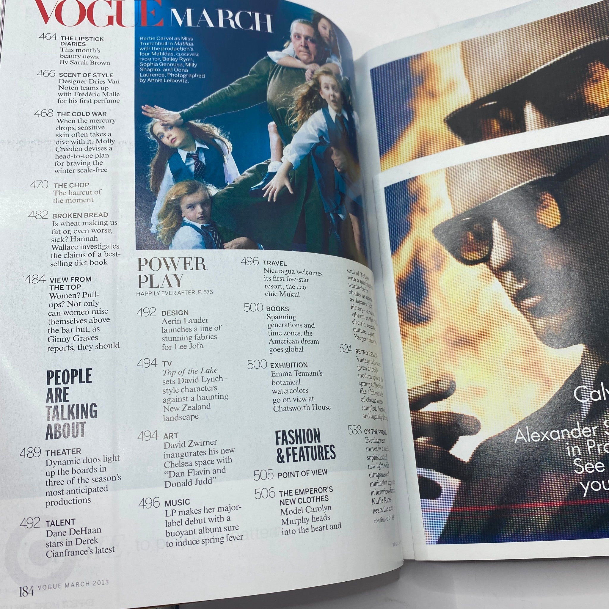 Interior page of Vogue Magazine March 2013 featuring articles and listings including 'Power Play' and other cultural content.