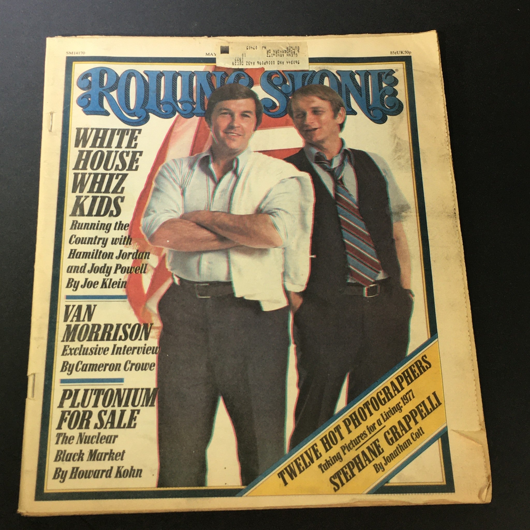 Vintage Rolling Stone Magazine cover from May 19, 1977, featuring Hamilton Jordan and Jody Powell. Highlights include the article 'White House Whiz Kids' and interviews with Van Morrison and discussions on the nuclear black market.