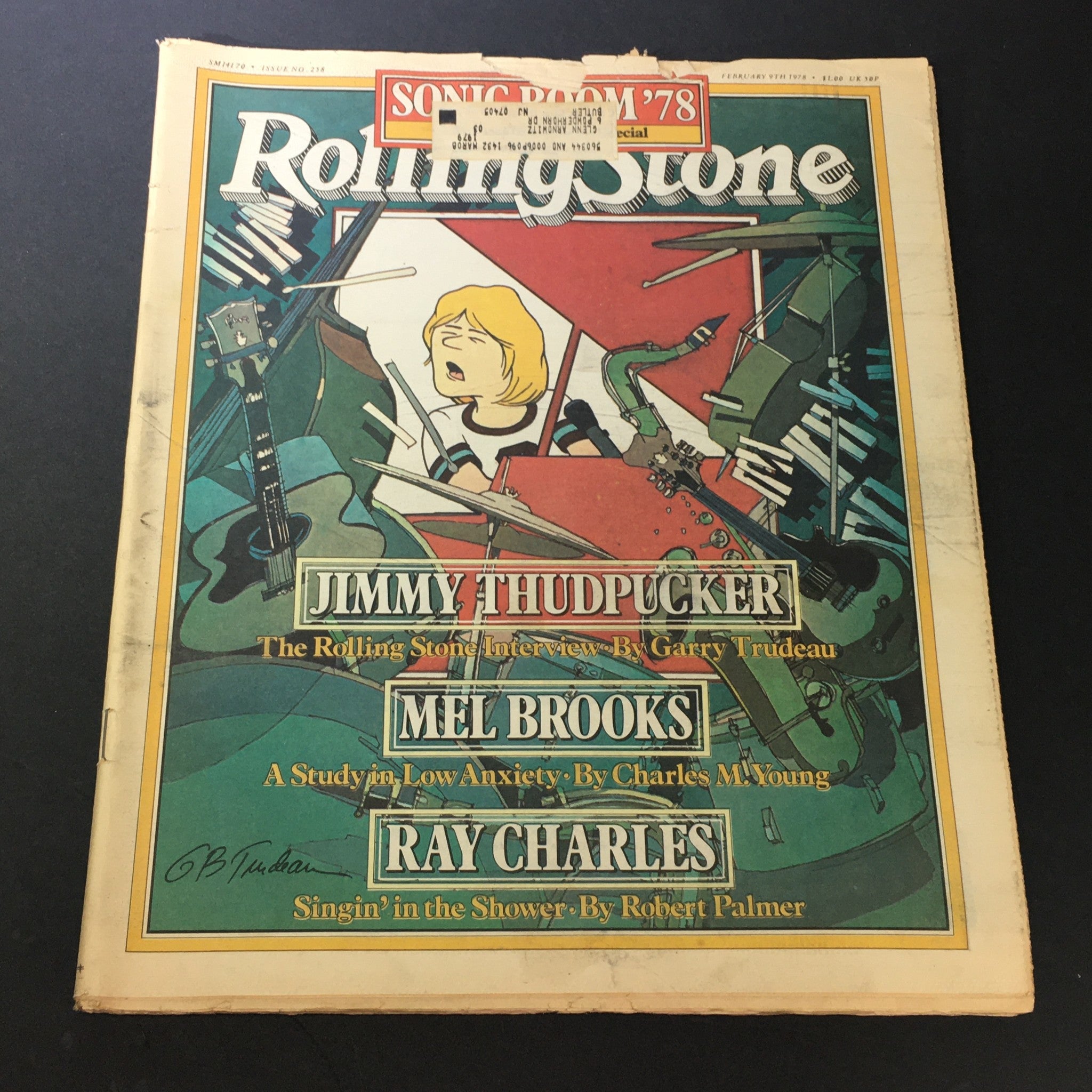 Vintage Rolling Stone Magazine from February 9, 1978 featuring Jimmy Thudpucker and Mel Brooks on the cover, showcasing vibrant artwork and nostalgic pop culture.