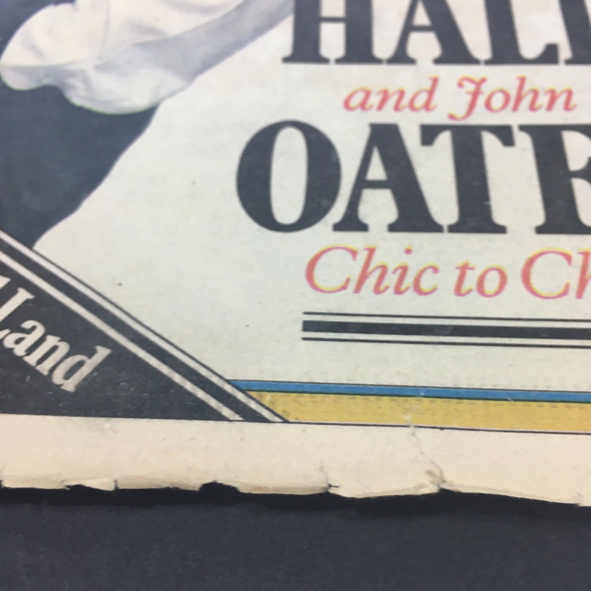 Detailed view of Daryl Hall and John Oates name on the Rolling Stone magazine cover from April 21, 1977, highlighting 'Chic to Chic'.
