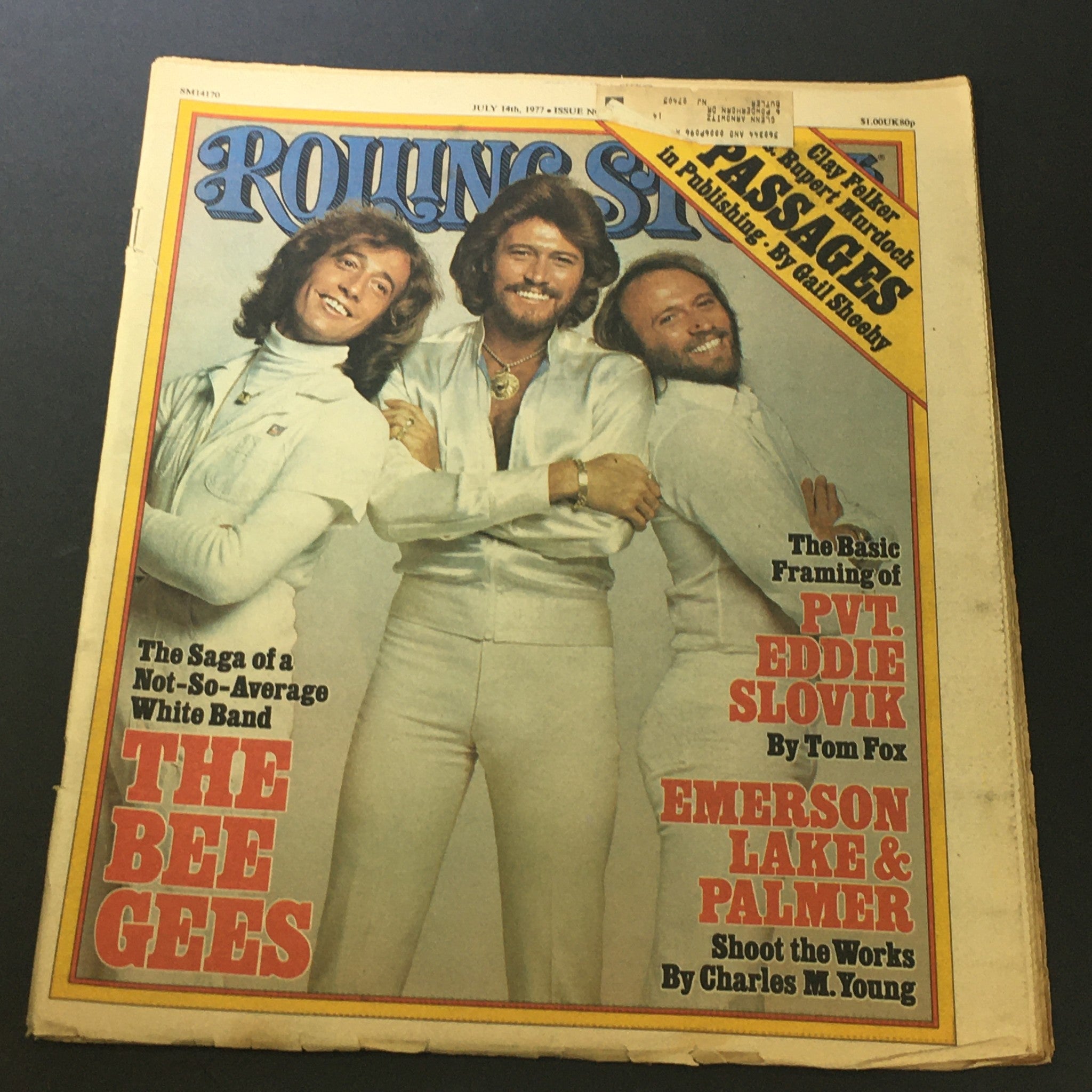 VTG Rolling Stone Magazine July 14 1977 featuring the Bee Gees on the cover, showcasing iconic 1970s fashion and the rise of disco music.