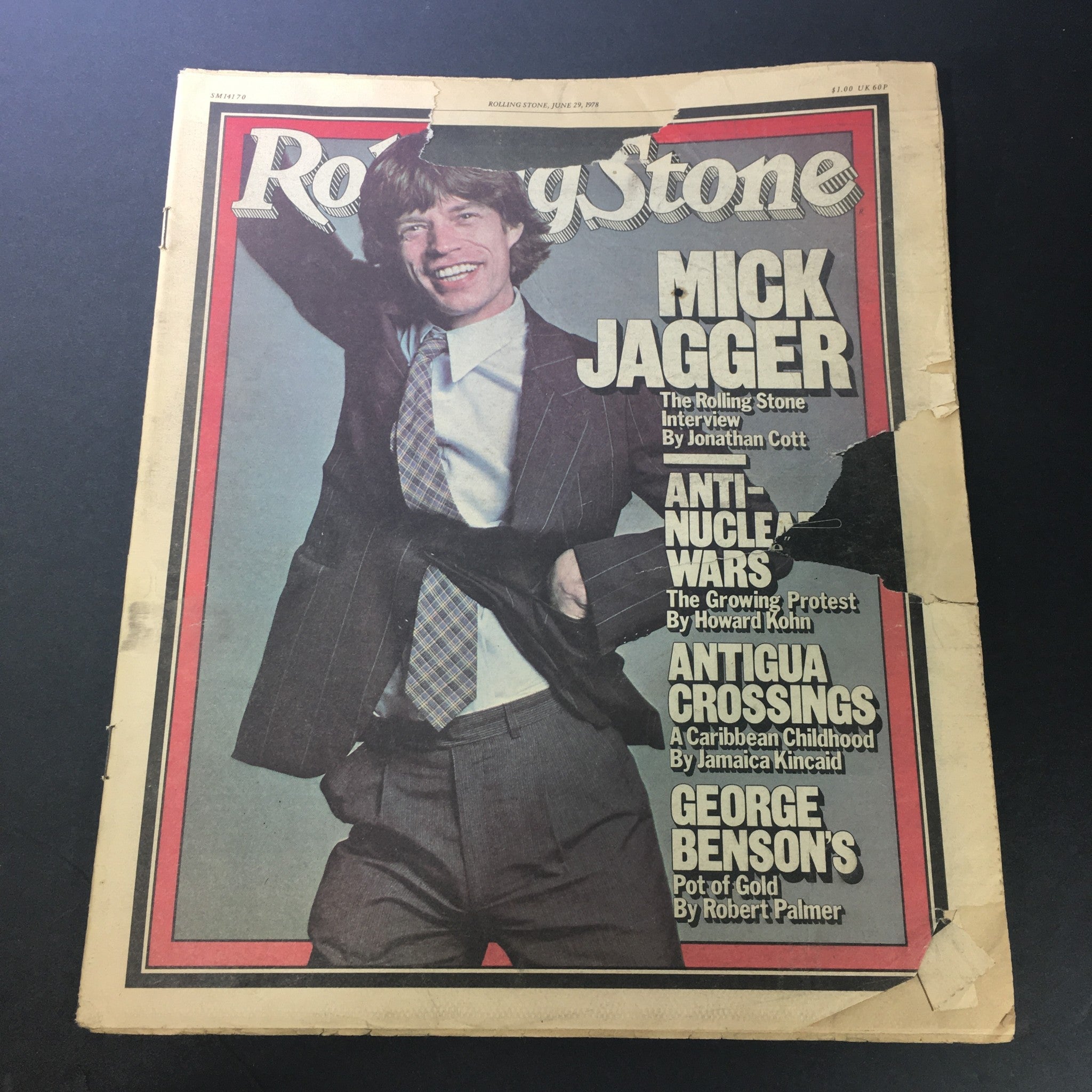 Vintage Rolling Stone magazine cover from June 29, 1978, featuring Mick Jagger with an expressive pose, showcasing articles on George Benson and anti-nuclear wars, ideal for collectors and music enthusiasts.