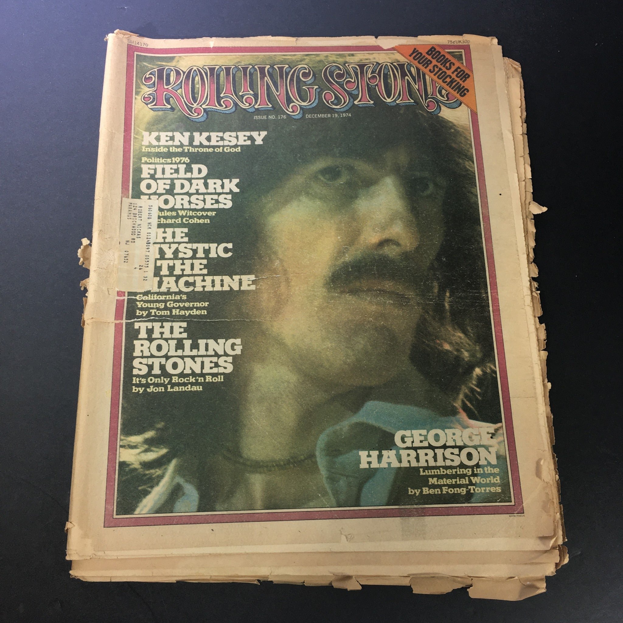 Cover of VTG Rolling Stone Magazine December 19 1974 featuring George Harrison and Ken Kesey with worn edges and address label.