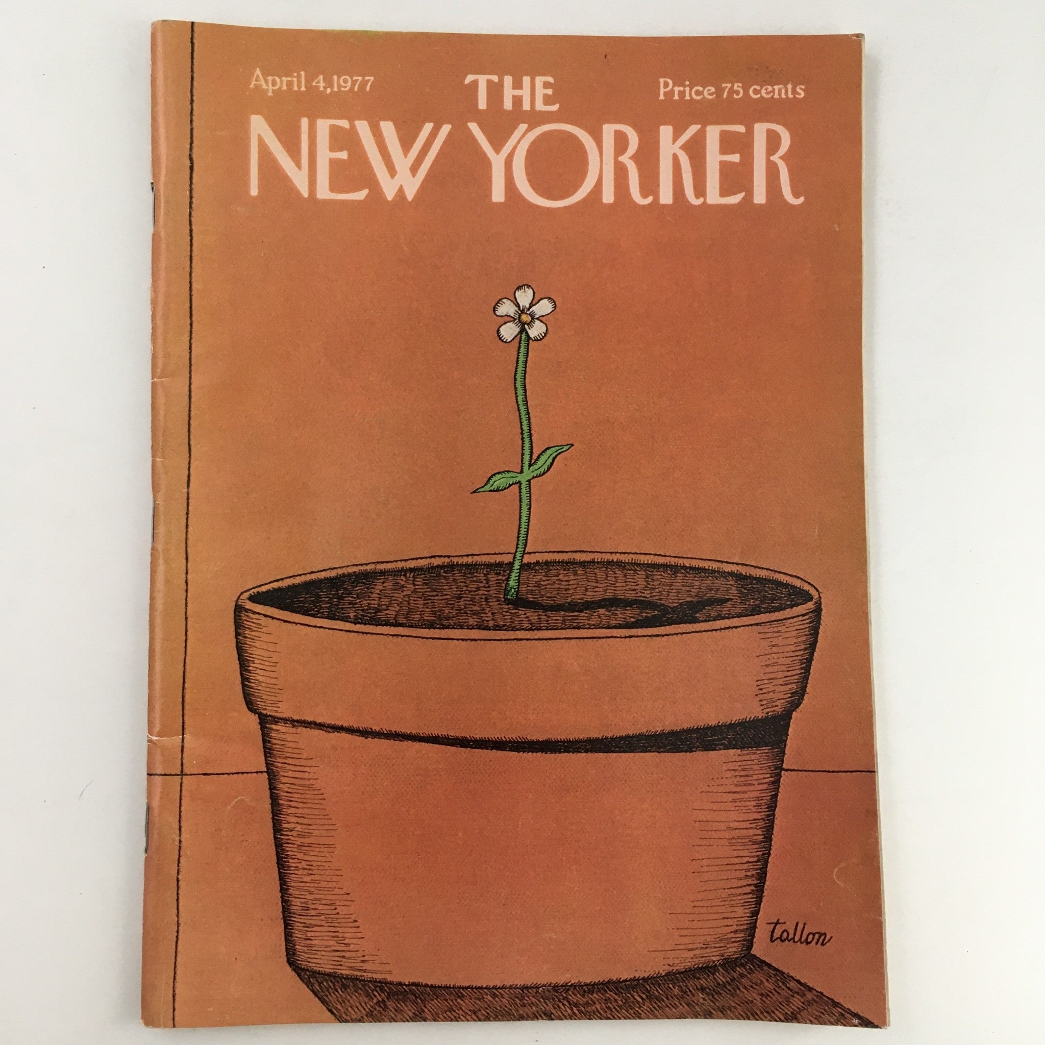 The New Yorker Magazine April 4 1977 Theme Art Cover by Robert Tallon, featuring an illustration of a plant sprouting from a pot on a warm-toned background.
