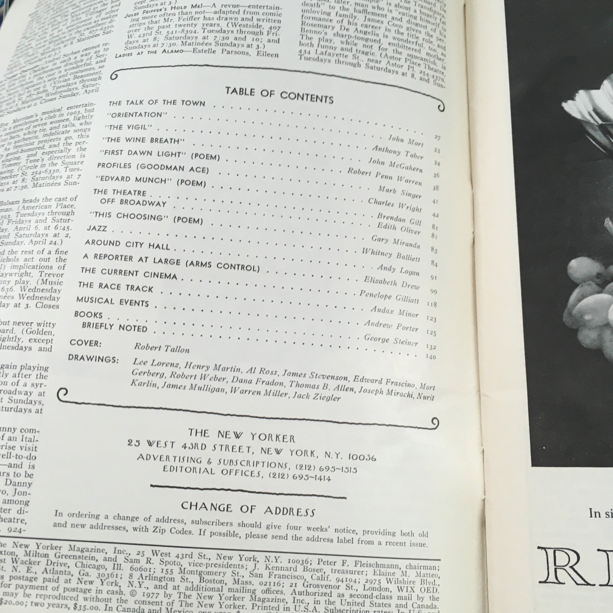 Table of contents from The New Yorker Magazine April 4 1977 with features and articles, showcasing Robert Tallon's theme art cover.