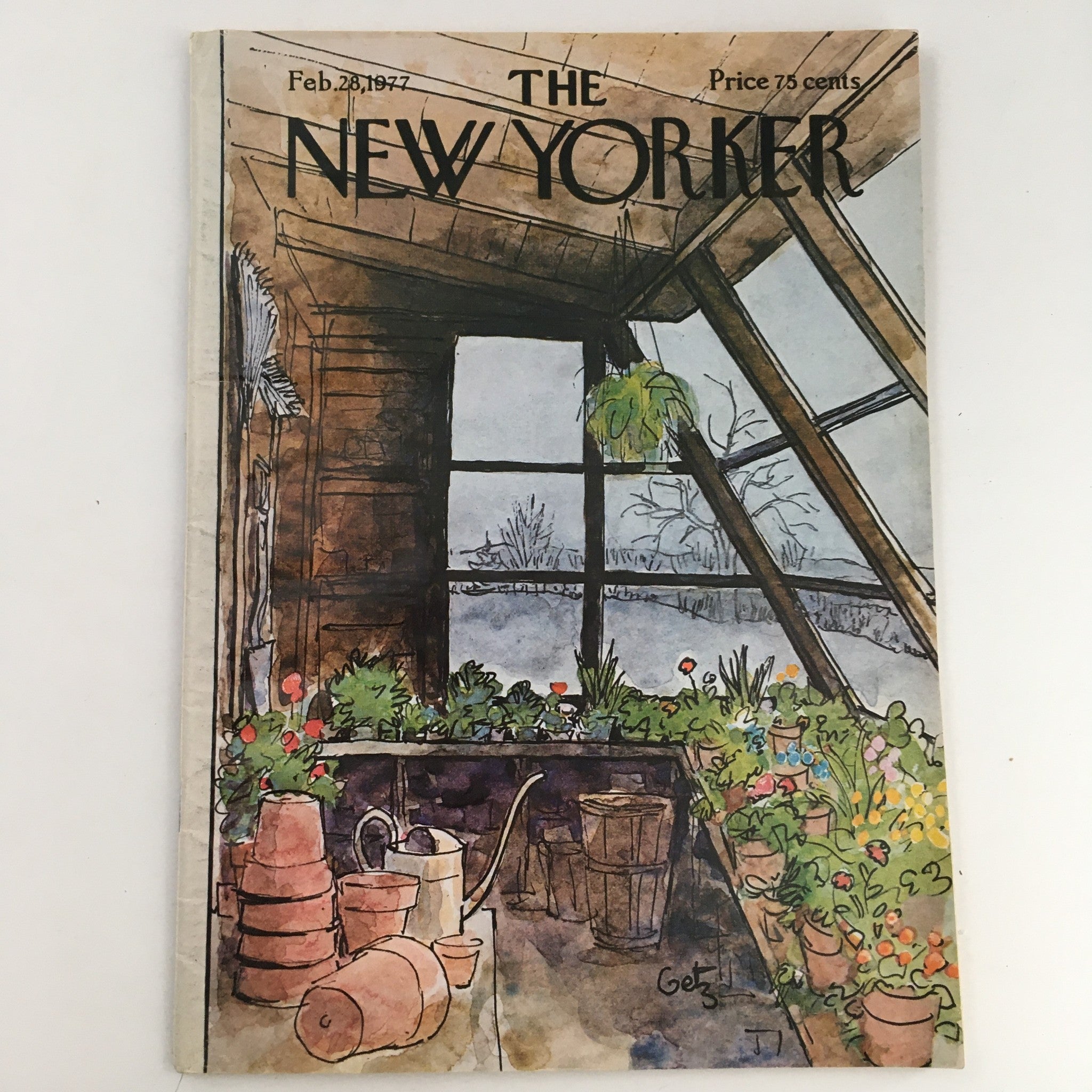 The New Yorker Full Magazine February 28, 1977 featuring theme art cover by Arthur Getz, depicting a window view with plants and terracotta pots in a rustic setting.