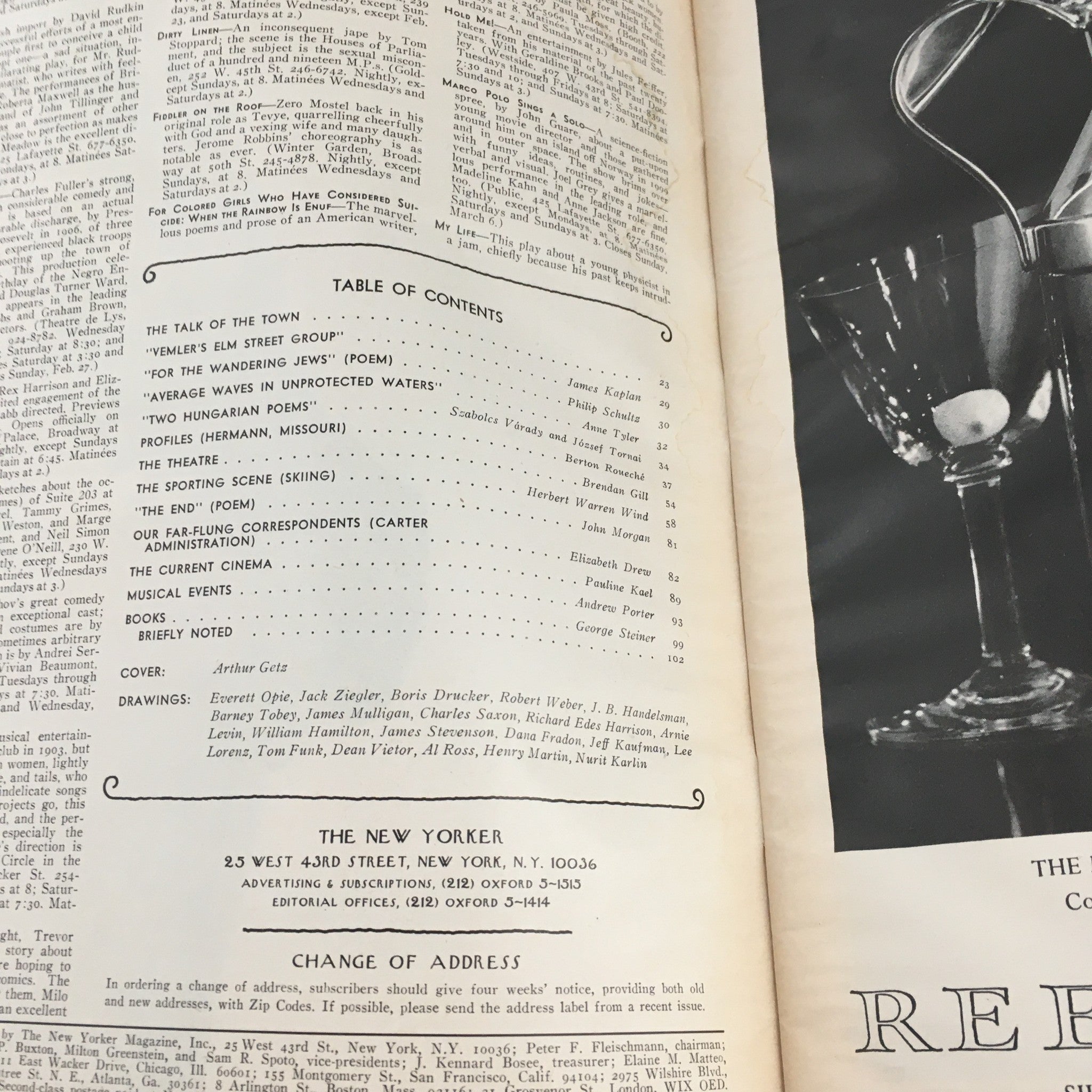 Table of contents from The New Yorker Full Magazine February 28, 1977, showcasing articles and illustrations including the cover artist, Arthur Getz.