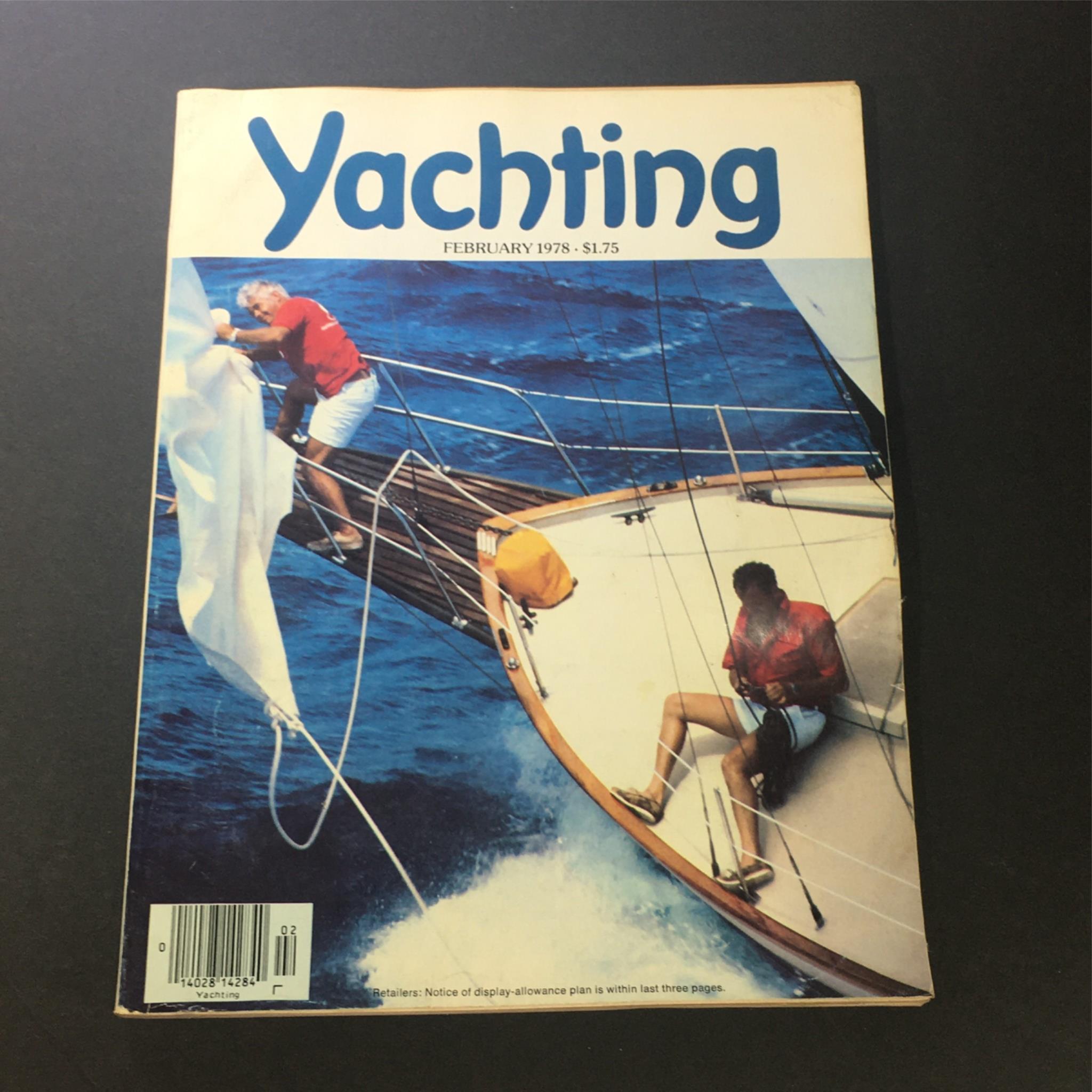 Cover of VTG Yachting Magazine February 1978 featuring America's Cup Part II by Gary Johnson. The image shows a sailor adjusting sails on a yacht with vibrant blue waters in the background.