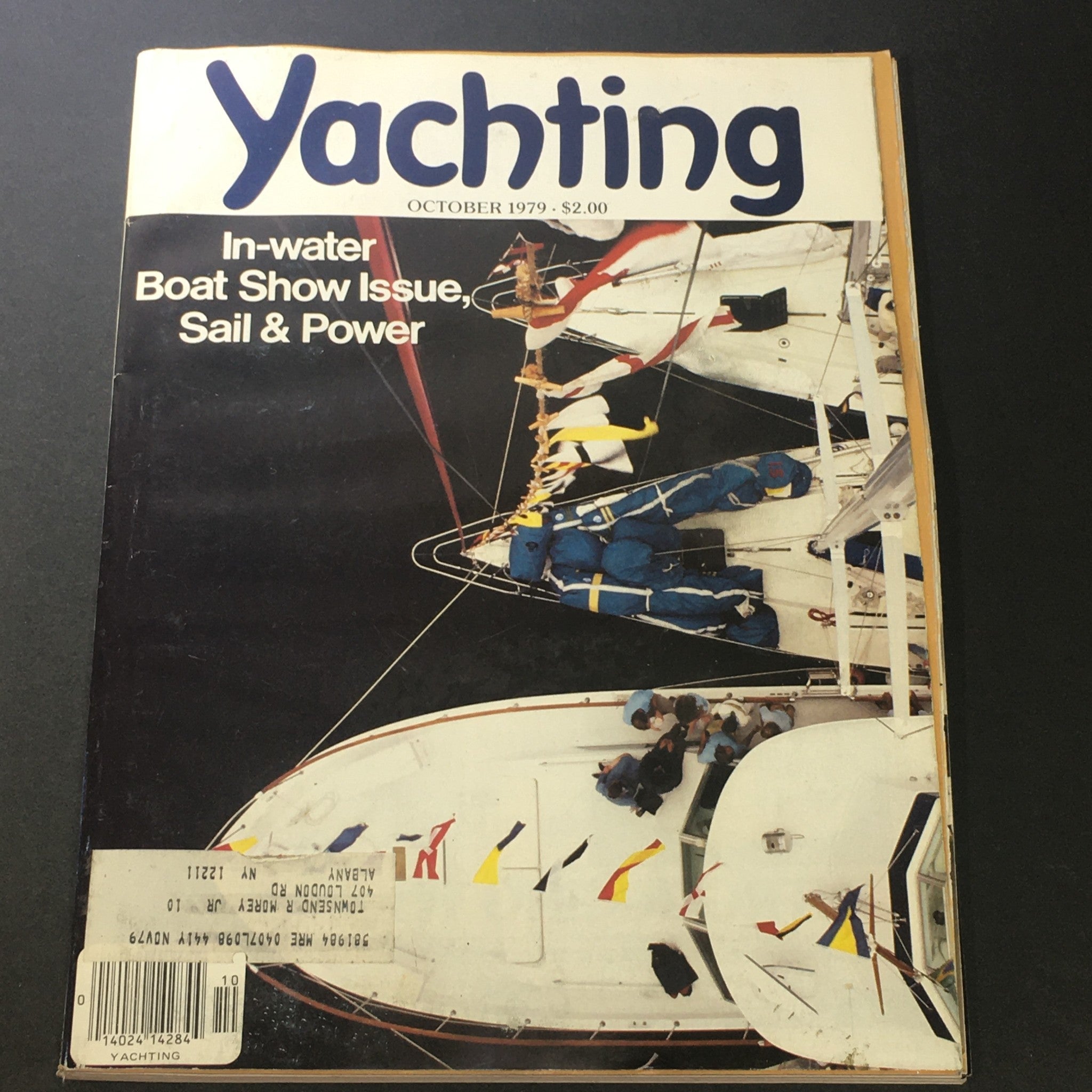 Cover of VTG Yachting Magazine October 1979 - Boat Show Issue & Sail Power, featuring an aerial view of a yacht with crew members preparing for a sailing event.