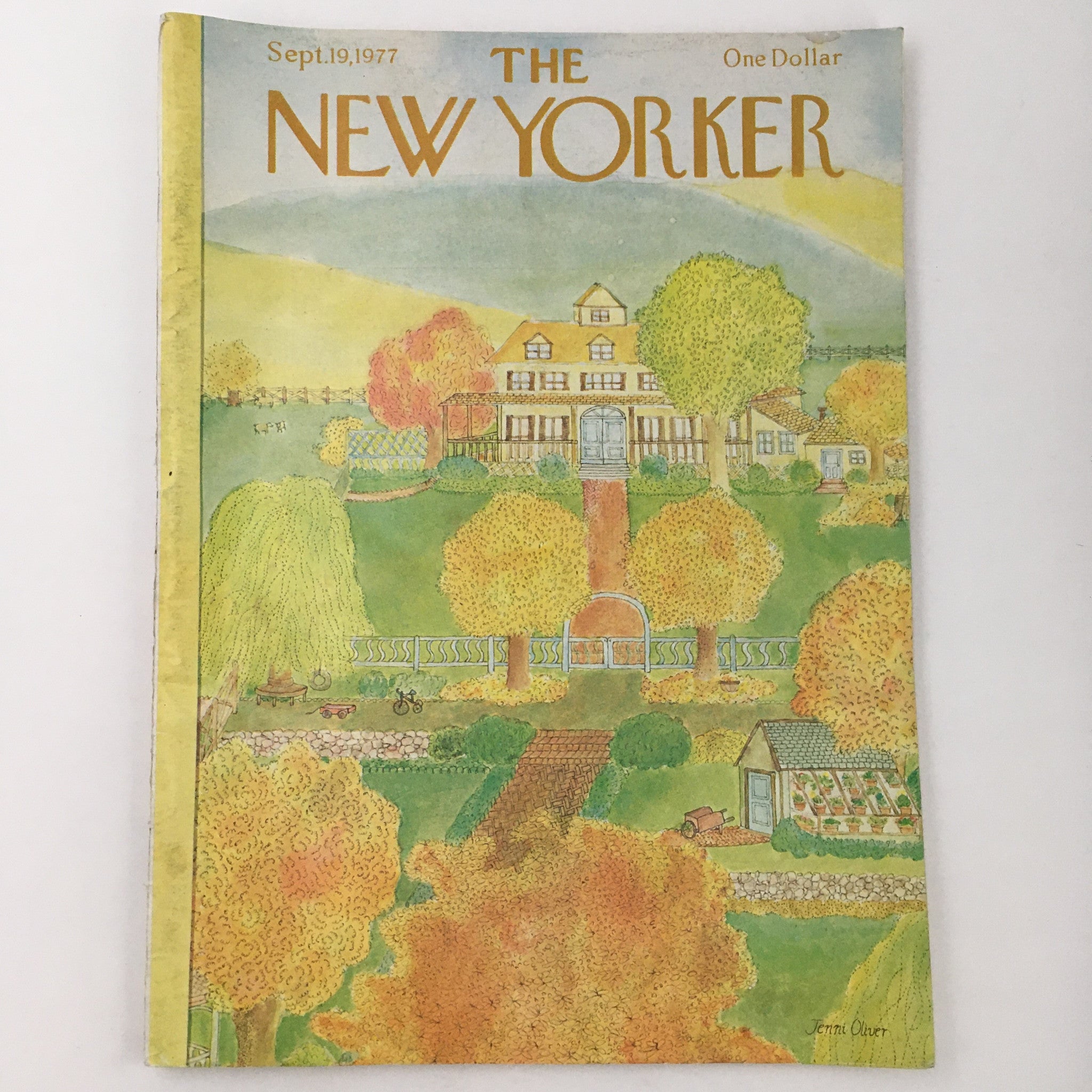 Cover of The New Yorker Magazine from September 19, 1977 featuring theme art by Jenni Oliver, depicting a colorful autumn landscape with a house and trees.