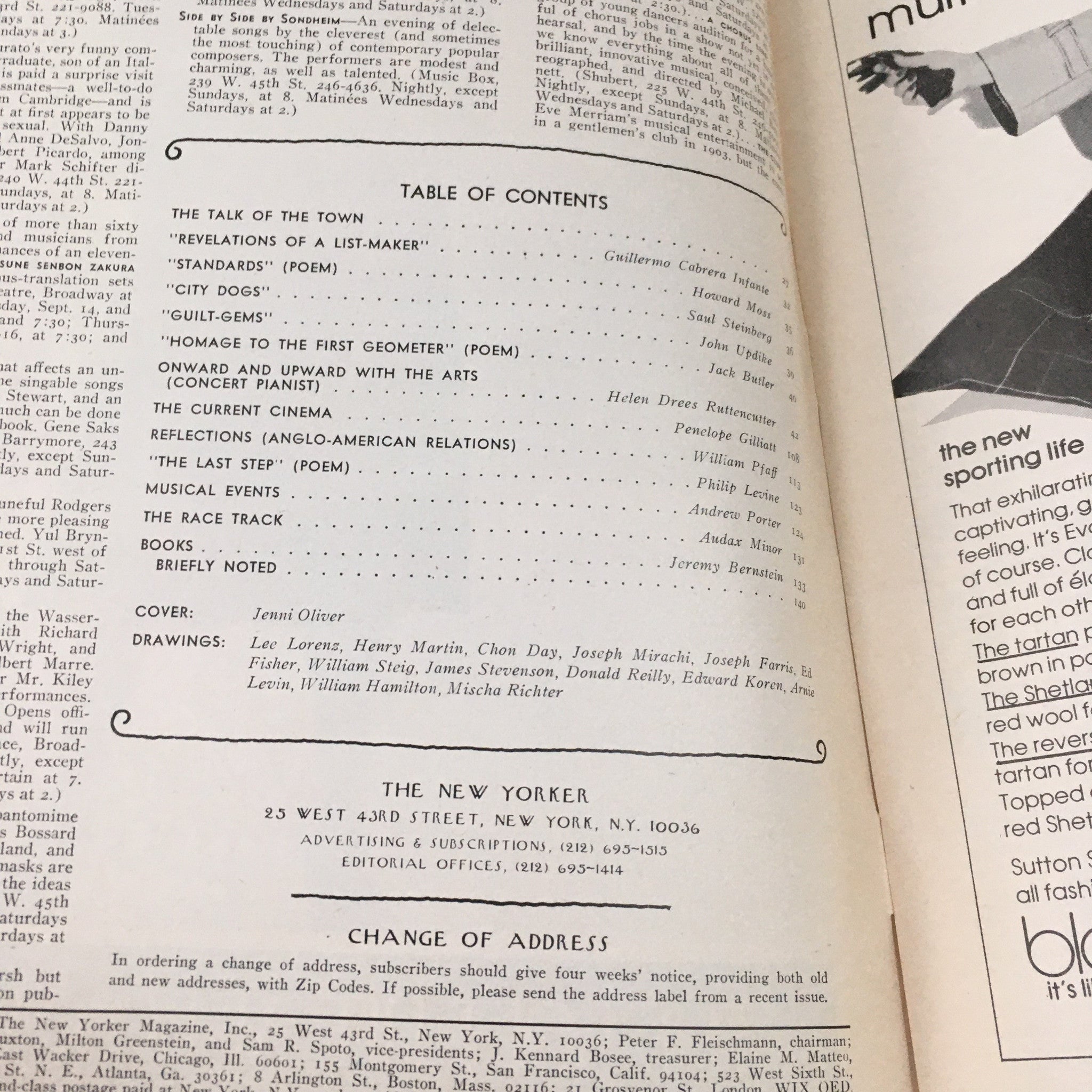 Table of contents from The New Yorker Magazine, September 19, 1977, including features like 'The Talk of the Town' and listings of articles and drawings by noted contributors.