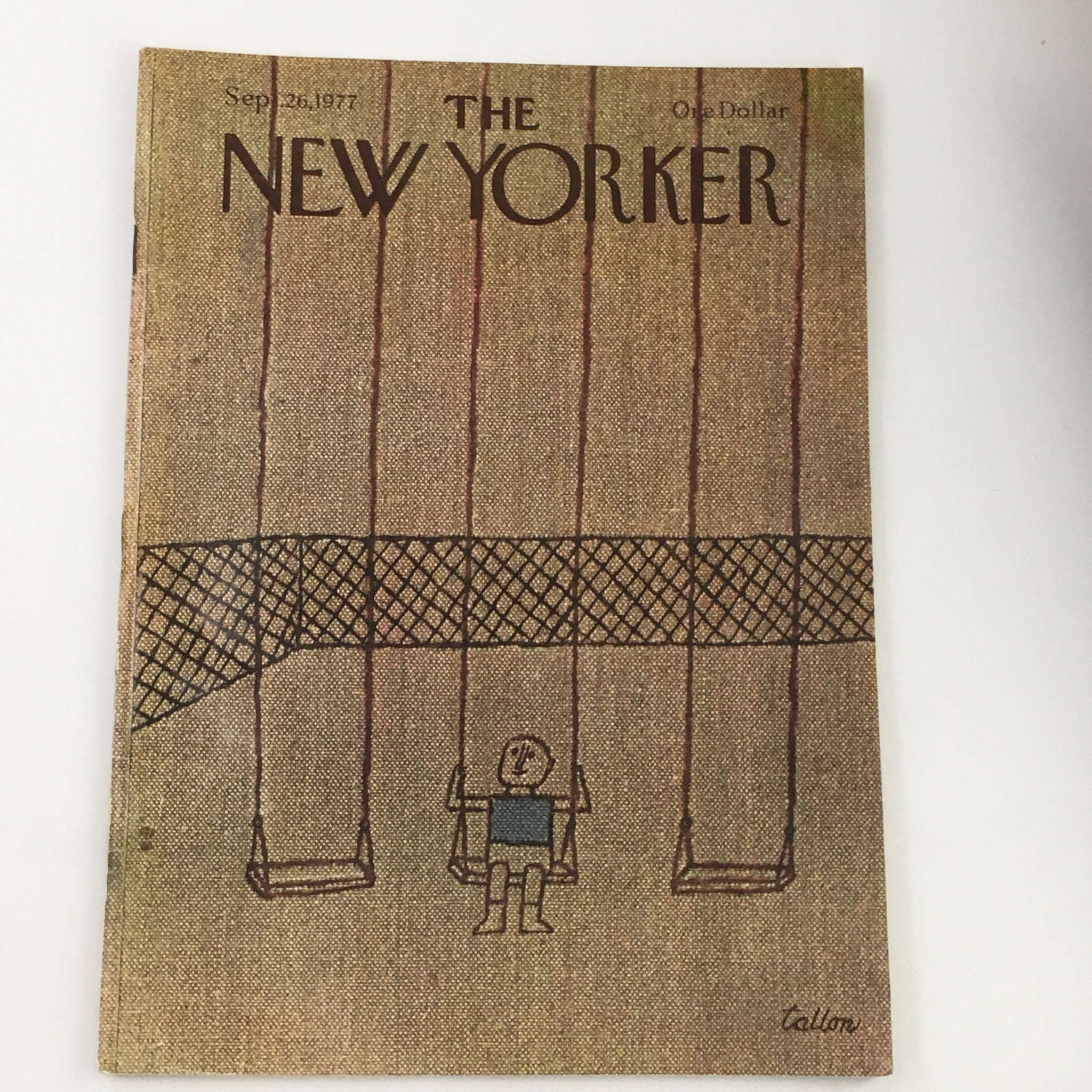The New Yorker Magazine September 26 1977 Cover by Robert Tallon featuring a vintage design with a child on a swing, showcasing the artistic style of the era.
