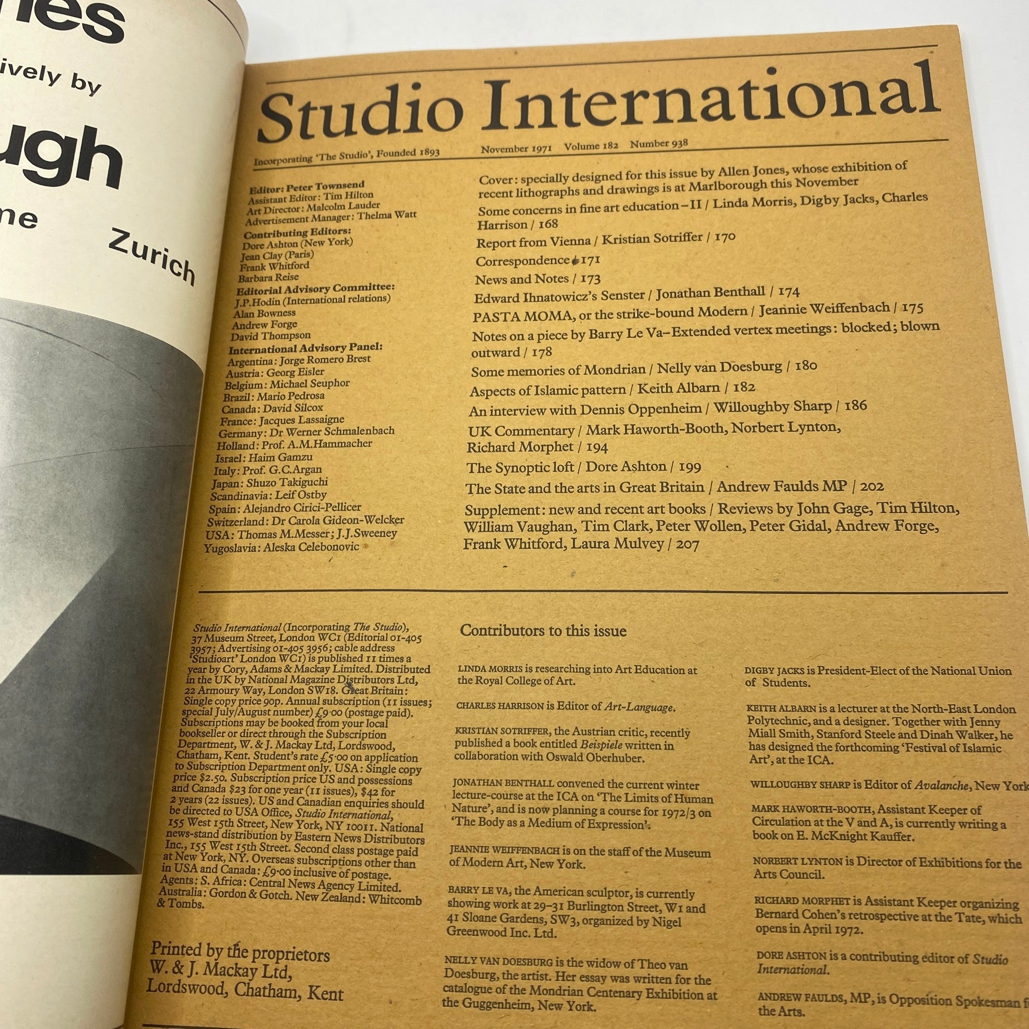 Table of contents page from VTG Studio International Magazine November 1971, listing contributors and articles, showcasing the magazine's editorial style. Title: VTG Studio International Magazine November 1971 Cryla The Proven Artist No Label.