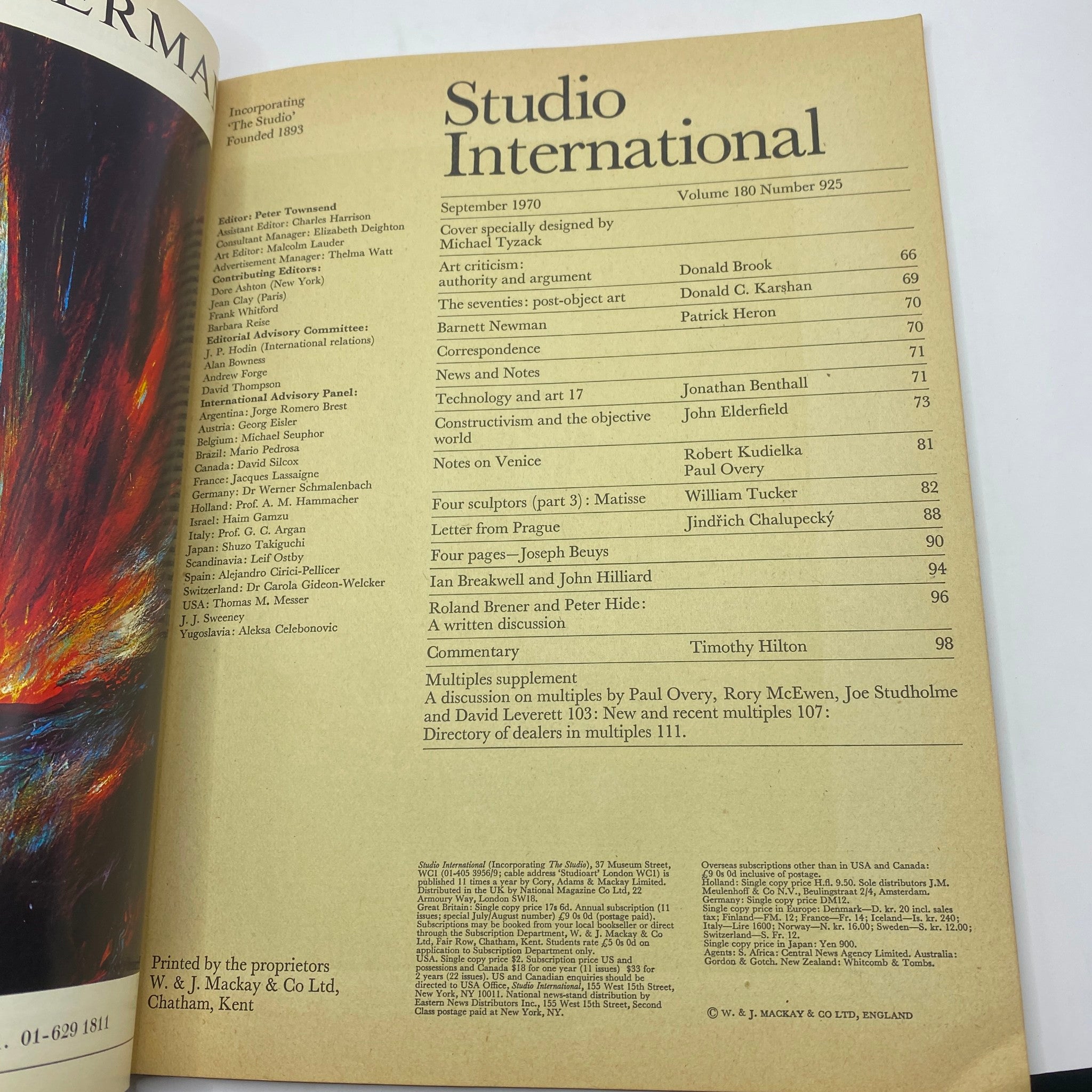Inside page of the VTG Studio International Magazine September 1970, featuring the table of contents and editorial details, highlighting the journal's focus on modern art.
