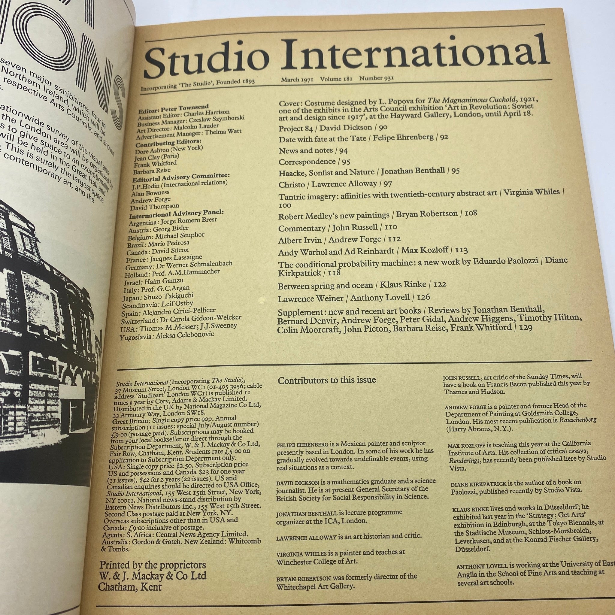 Inside page of Studio International Magazine, March 1971, showcasing the table of contents with a list of contributions and editorial details.