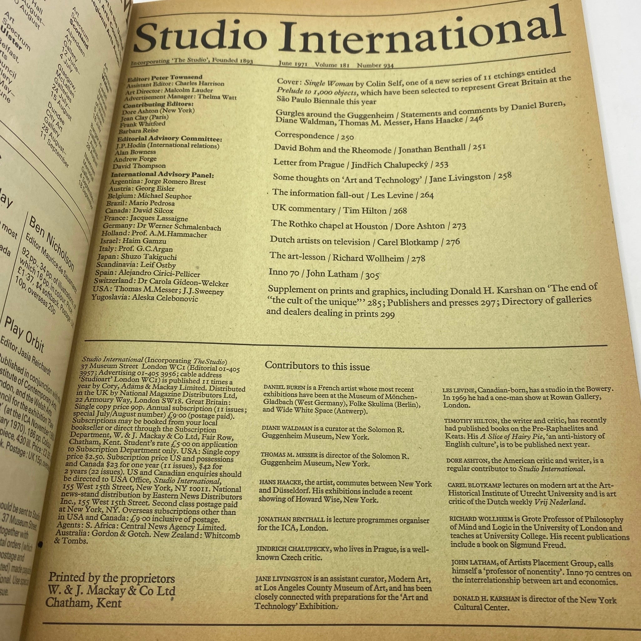 Interior page of VTG Studio International Magazine June 1971, listing contributors and articles, highlighting the magazine's cultural and artistic significance.